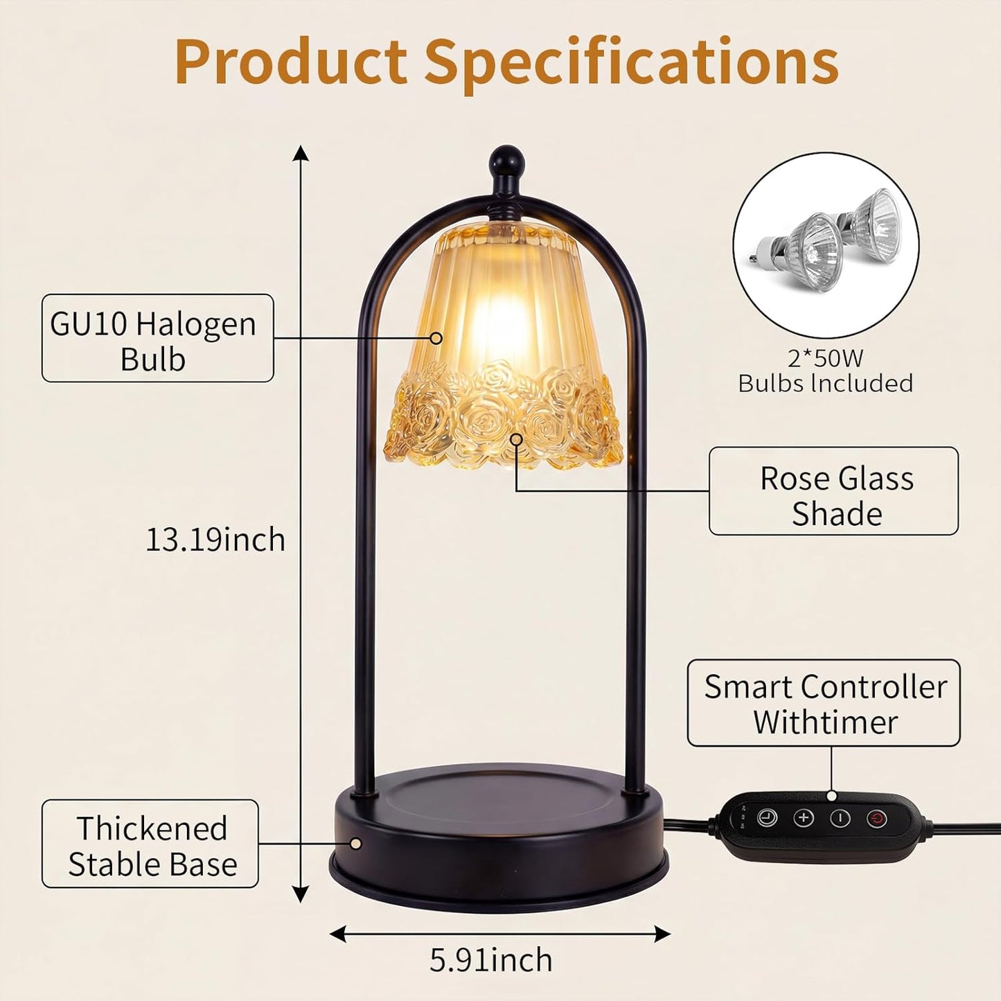 Vintage Rose Candle Warmer Lamp with Timer & Dimmer - Portable Iron Base, Amber Glass Shade, 2 Bulbs Included - Electric Wax Melter for Home Decor
