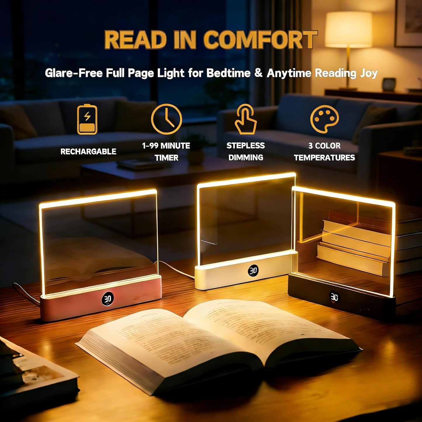 TWINPAIR LED Book Light for Reading, USB Rechargeable Flat Reading Lamp with Full Page Light, 3 Colors 2 in 1 Night Light,Dimming & Timer Reading Lights for Book Lovers, Students, Readers (White)