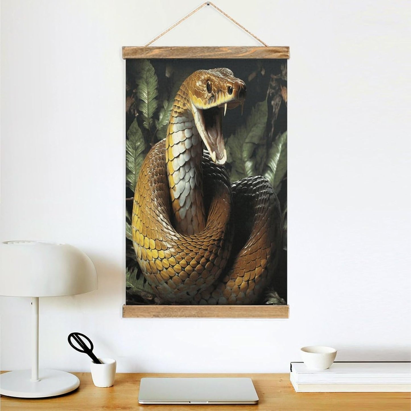 Vintage Cobra Snake Poster with Wooden Frame Personalized Linen Hanging Scroll Painting Rustic Wall Hanging Illustrative Modern Artwork Decor for Home Living Room Bedroom Office