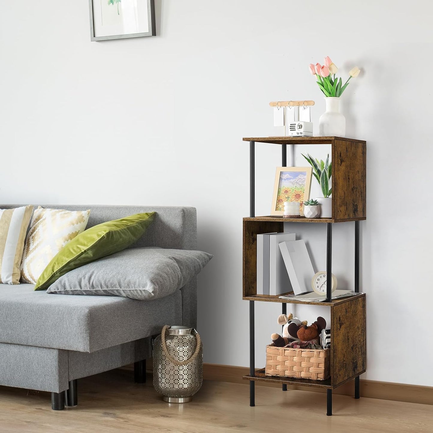 ETELI 4 Tier Bookshelf S-Shaped Small Bookcase Modern Freestanding Multifunctional Wooden Book Shelves for Farmhouse, Living Room, Bedroom, and Home Office