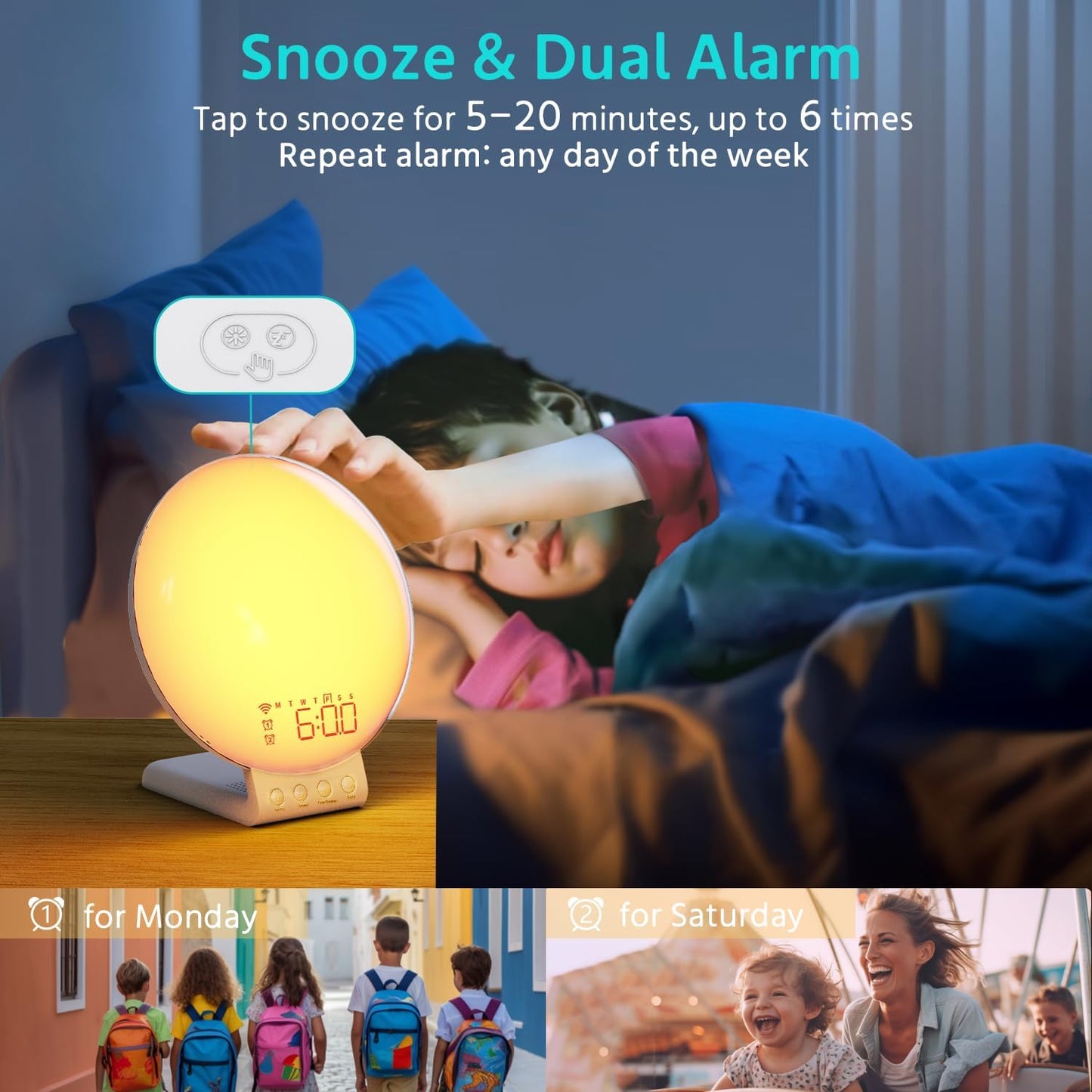 MOMILLA Sunrise Alarm Clock Smart, 3 in 1 Wireless Charging Station, App Control Sound Machine White Noise, Sunset Lamp, Night Light Wake up Light in Bedroom for Heavy Sleepers, Kids