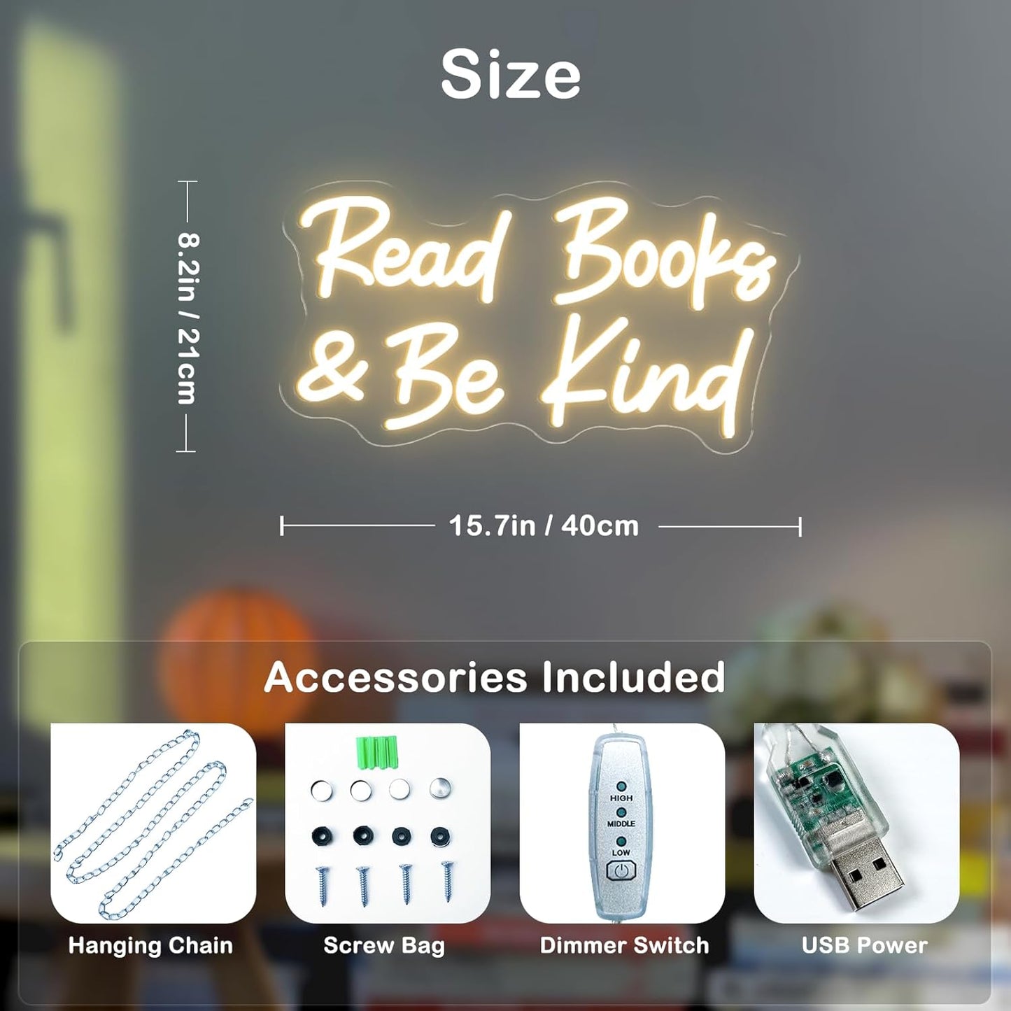 Read Books And Be Kind Neon Sign for Wall Decor, Dimmable Neon Light Signs for Bedroom LED Signs for Classroom Bookstore Library Study Reading Study Room Decoration