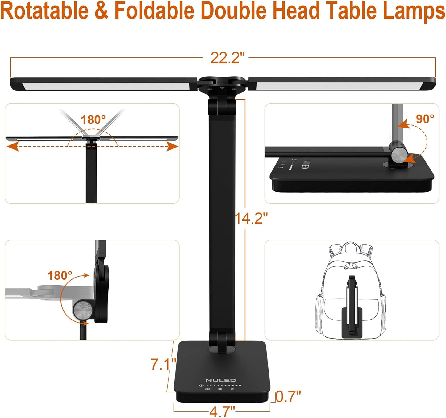 NUNET LED Desk Lamps for Home Office,Piano Lamp for Upright Piano,Rotatable Aluminum Desk Lamps with USB Charging Port,Eye-Caring Reading Light (Glossy Black)
