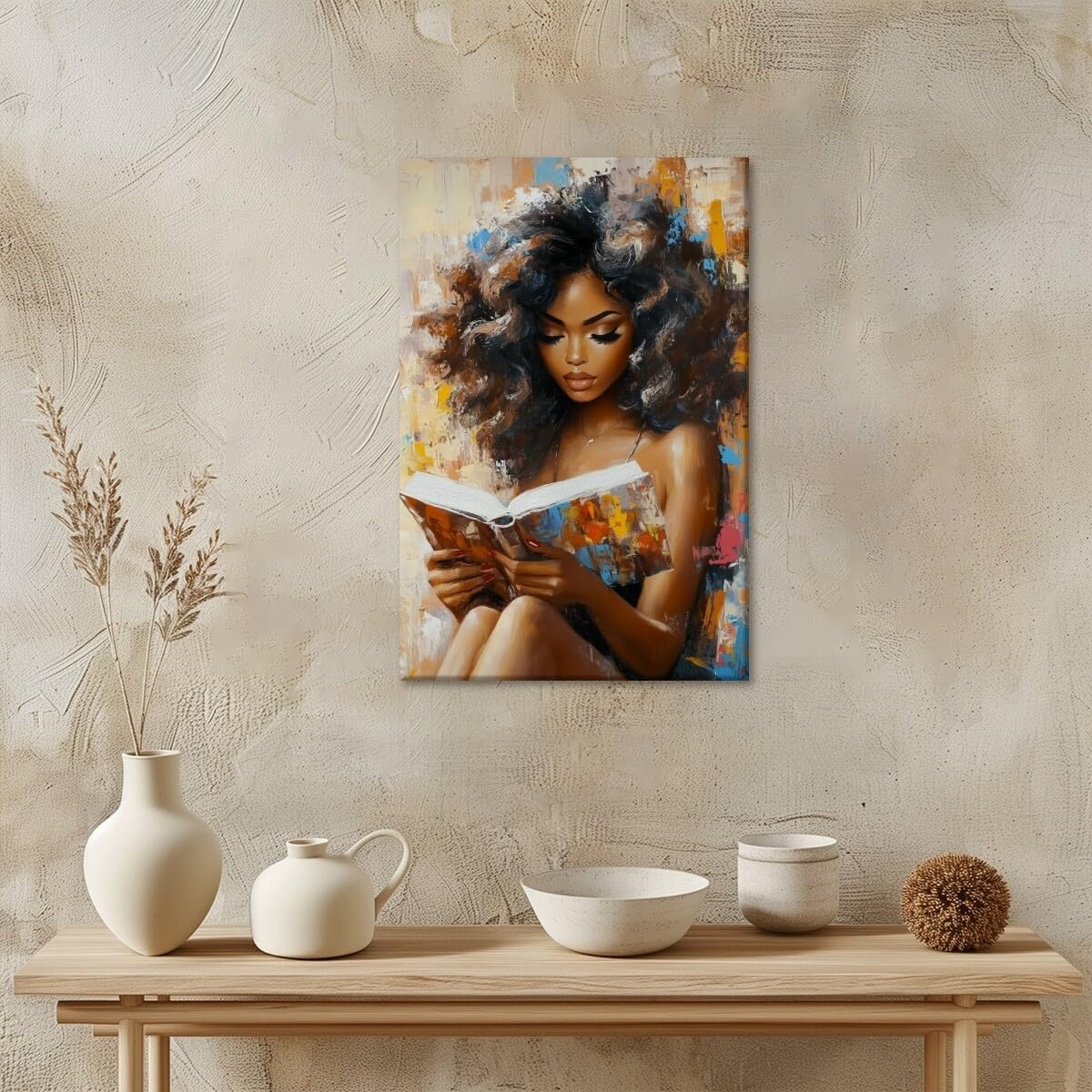 Mpgloquial African Black Woman Wall Art Beauty Lady Reading Book Canvas Oil Painting Posters Trendy Black Girl Poster Inspired Wall Decor Aesthetics for Apartment Dorm 8x12inch Unframed