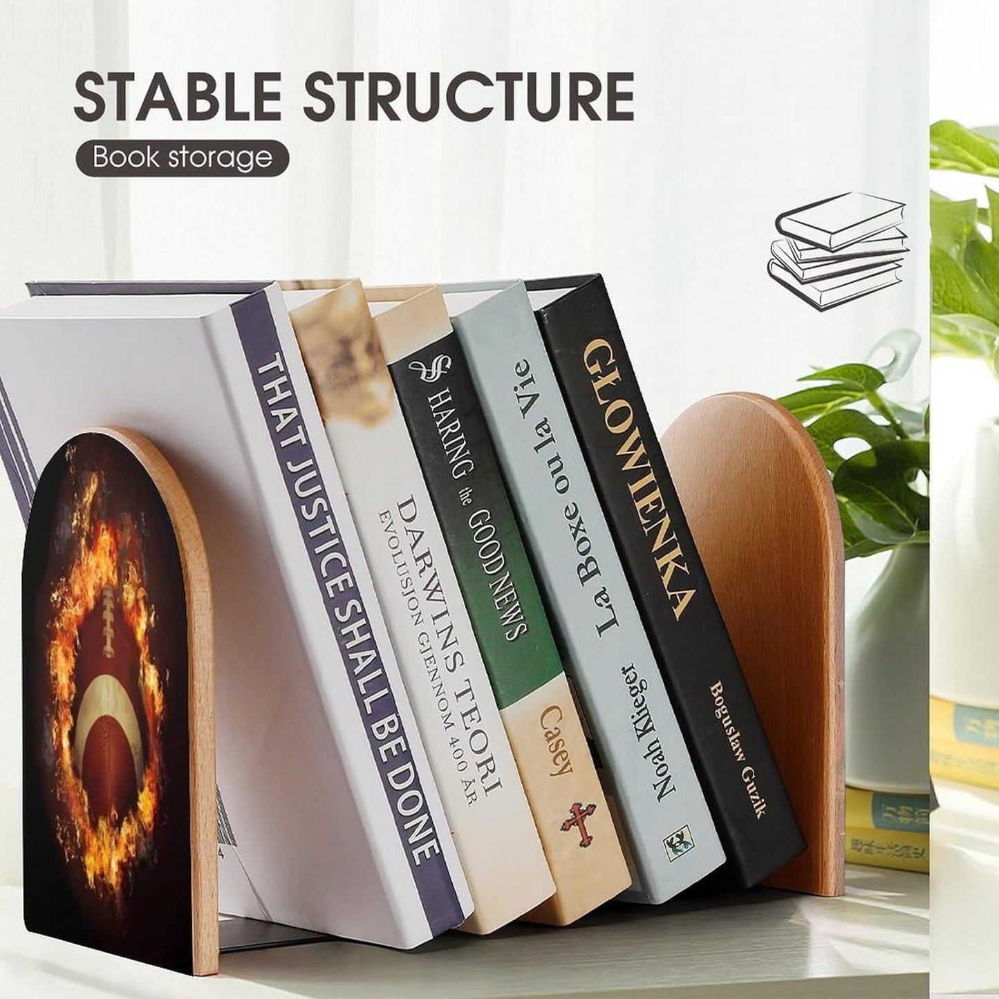 Flaming American Football Wooden Bookend Non-Slip Book Ends Heavy Duty Book Stopper with Metal Base Books Holderd Decorative Bookends Stands Firmly for Office Supplies
