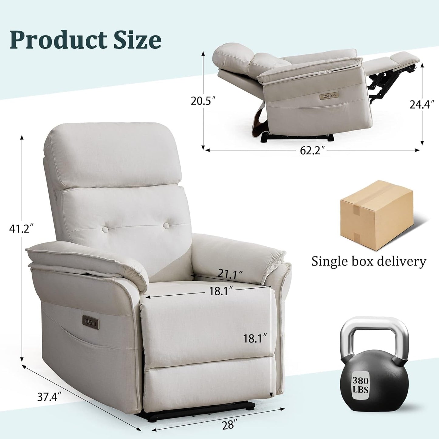 Power Recliner Chair with Wall-Hugging Design Fabric Motion Recliner Sofa with USB & Type-C Ports Side Pocket and Overstuffed Armrests Ergonomic Lounge Chair for Living Room Beige