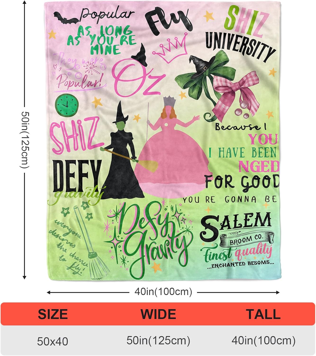 50'' x 40'' Witch Mix Green Vintage Evil Gift Queen Throw Flannel Blanket, Elphaba Hat Glinda Magic Movie Land Blanket, All Seasons Warm Cozy Soft Blanket for Sofa Bed Halloween Women Girls Fans 2