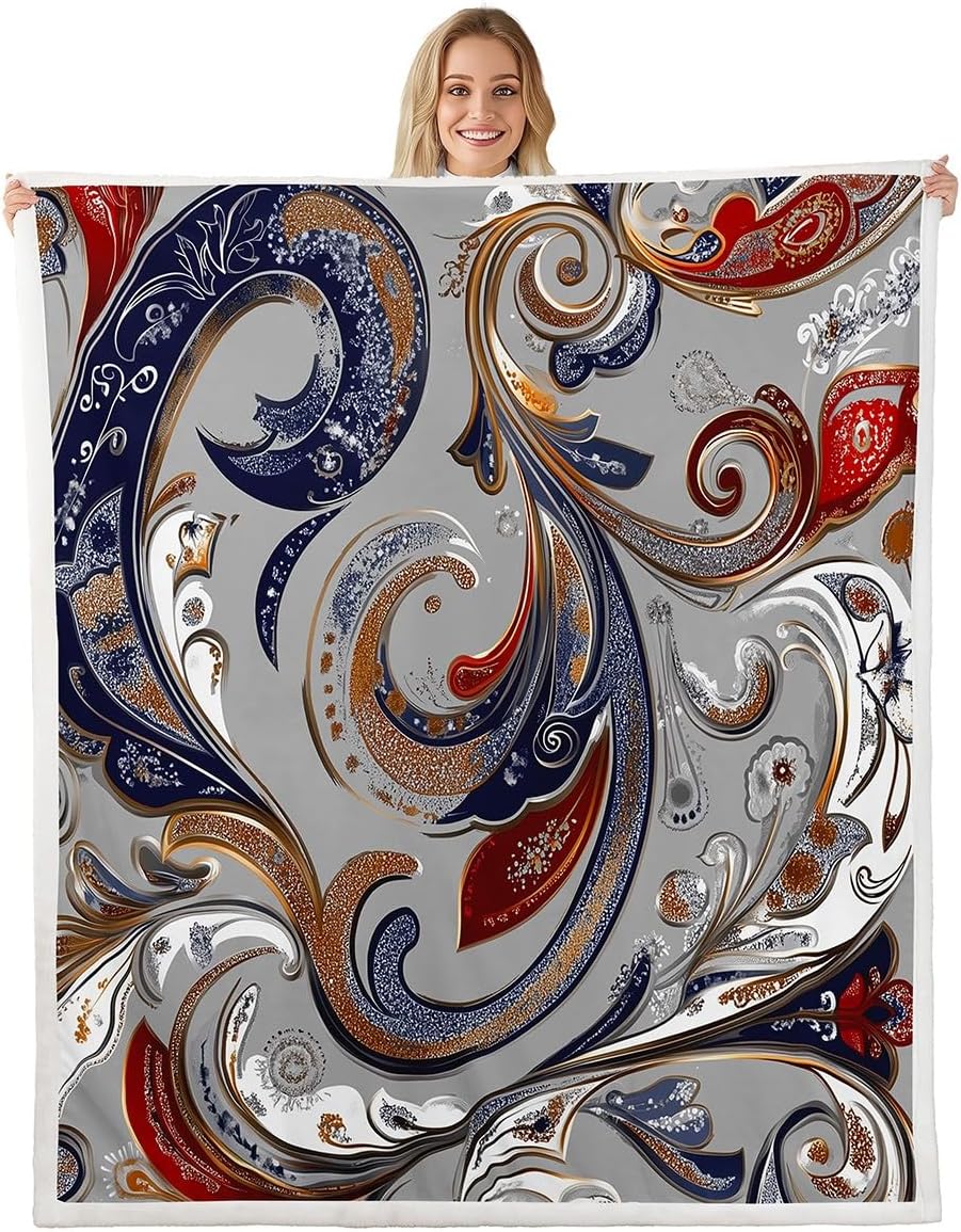 Feelyou Boho Paisley Print Fleece Throw Blanket Bohemian Style Sherpa Blanket for Sofa Couch Indian Design Plush Exotic Floral Warm Fuzzy Room Decor Twin 60"x80"