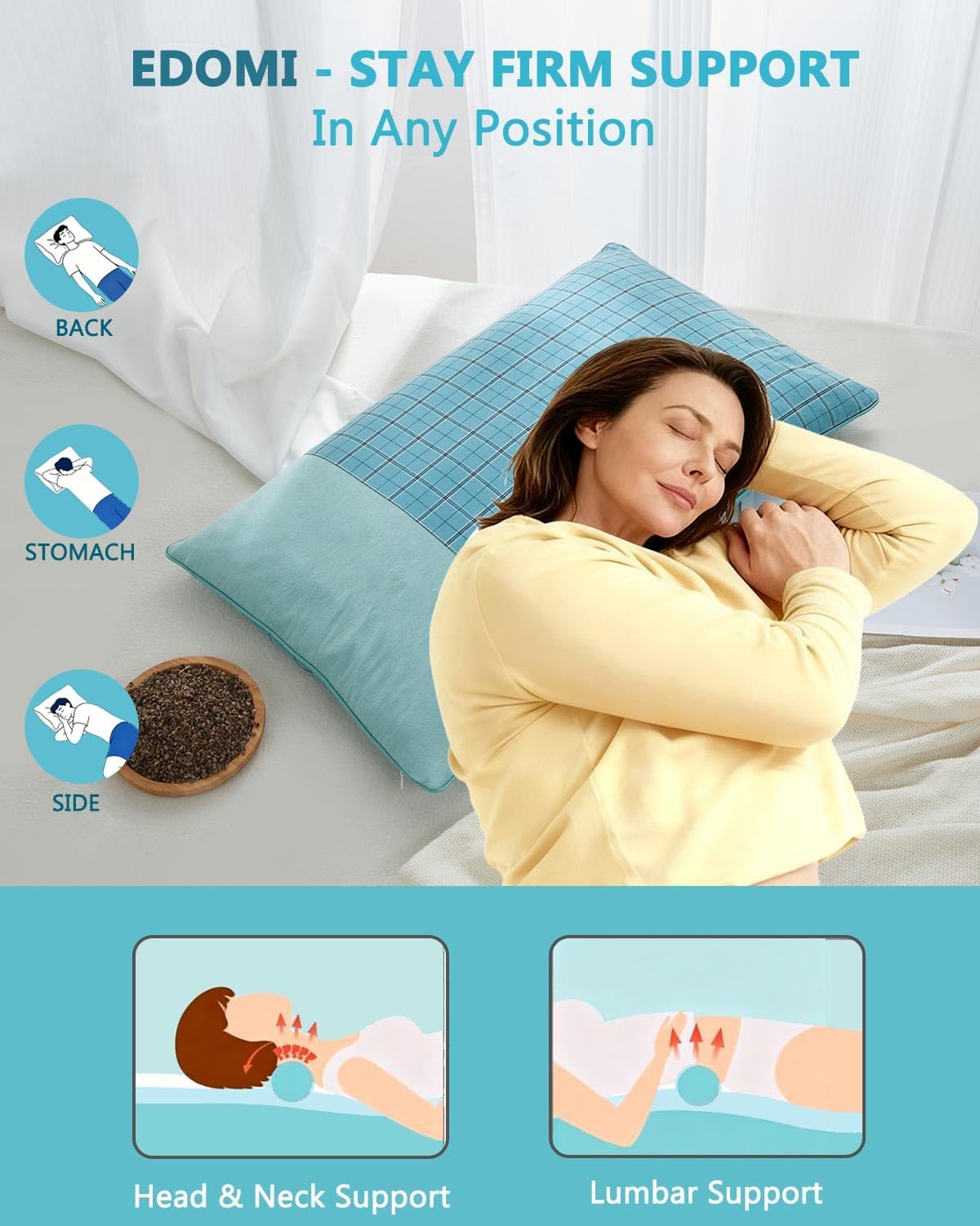 Adjustable Buckwheat Sleeping Pillow – Customizable Loft Cool Cervical Support Pillow for All Sleep Positions, Flat Rectangular Cube Design (23.6"x13.7", Blue)