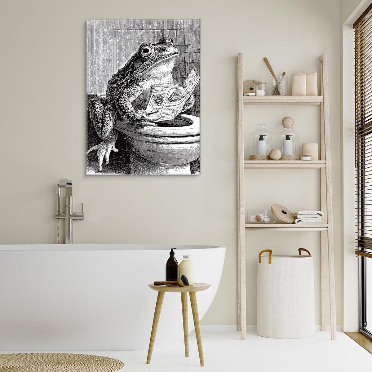 Funny Retro Toad Bathroom Wall Art Toad Reading Newspaper on Toilet Canvas Print Poster Funny Animal Bathroom Wall Decor 11x15 Inch Framed