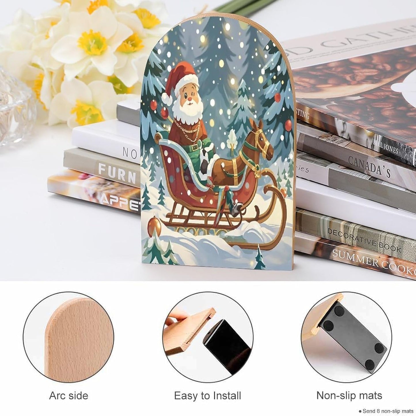 Christmas Sleigh Bookends 1 Pair Heavy Duty Book Ends for Shelves Non-Skid Bookend Supports Wooden Book Holders with Metal Base Desk Organizers Books Storage to Hold Books