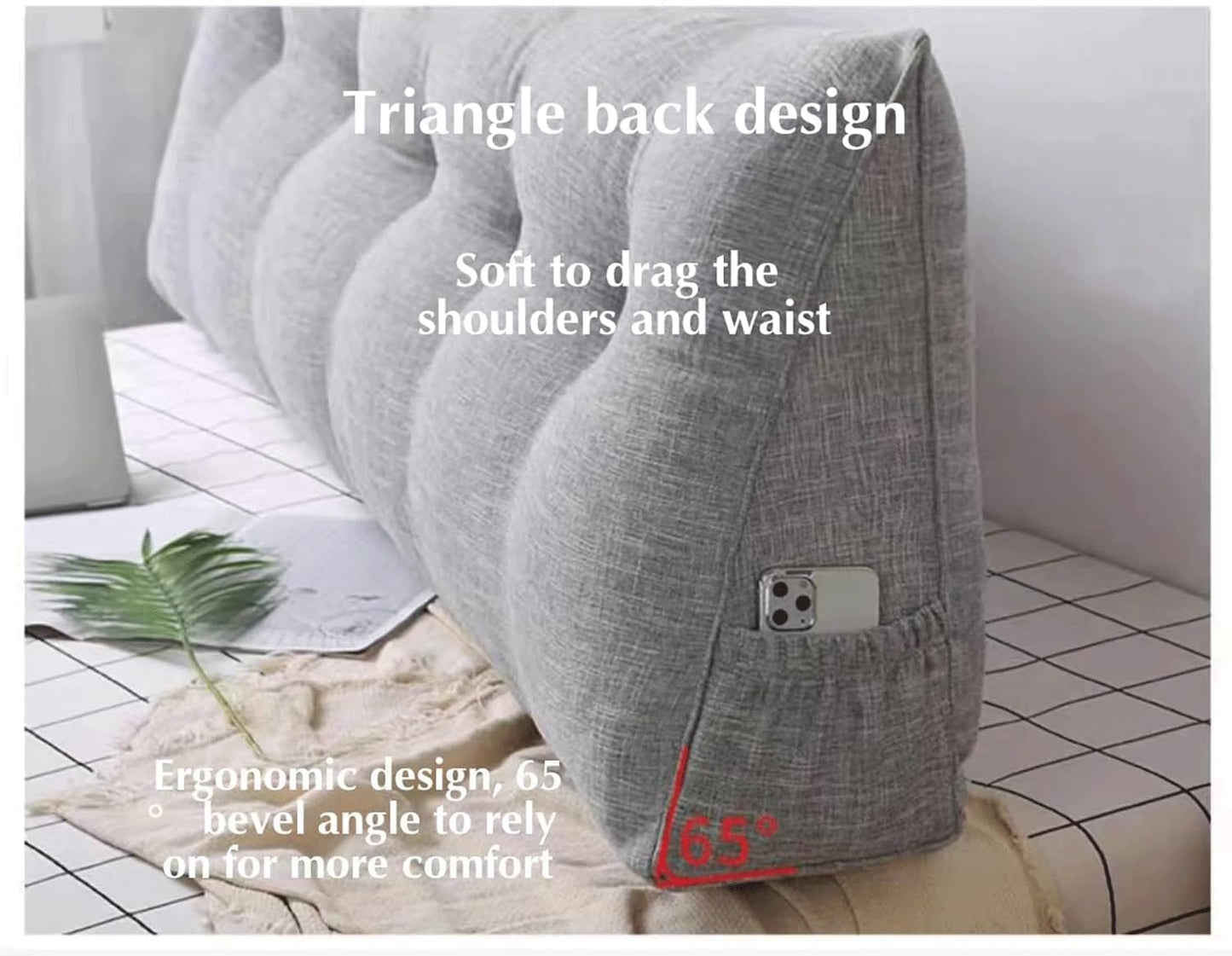 Triangular Headboard Pillow Wedge Reading Bed Rest Pillow Linen Cotton Bolster for Daybed Backrest Positioning Support Cushion with Removable Cover(Size:120x50x20cm,Color:A)