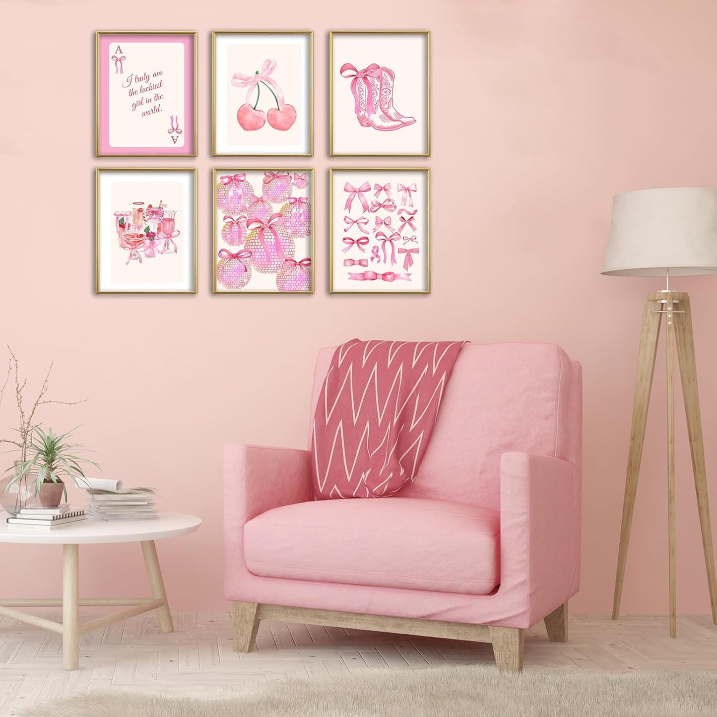 Pink Coquette Wall Art Prints Set of 6 – Trendy Preppy Room Decor for Girls Bedroom & Dorm – Pink Bow, Disco Ball, Cherry & 8 Ball Posters – 8x10 Unframed Aesthetic Wall Decor