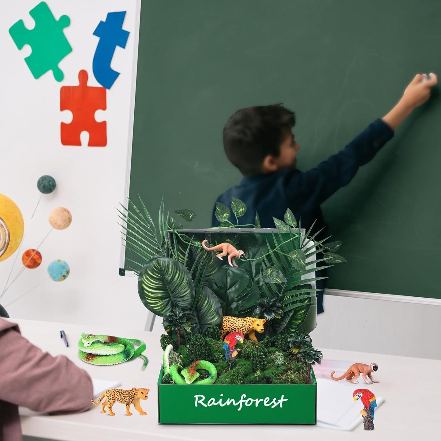 Rainforest Diorama Kit Rainforest Animals Figures Realistic Forest Animals Figures Including Model Tree, Red Parrot, Cobra Forest Diorama Supplies for Birthday Party Favor(Box Not Included)