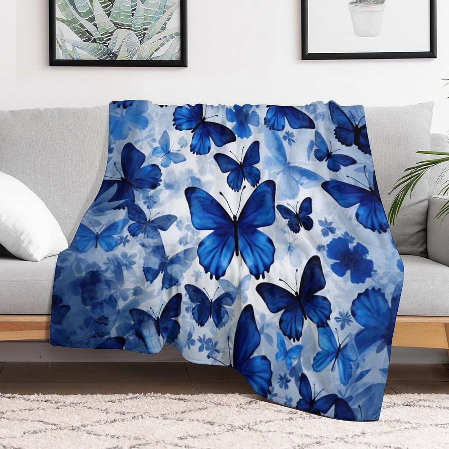 Blue Butterflies Blanket Chunky Fluffy Fuzzy Bed Blankets Cozy Soft Warm Winter Blankets Anti-Pilling Flannel Throw Blanket for Couch Living Room Bedroom Multiple Size