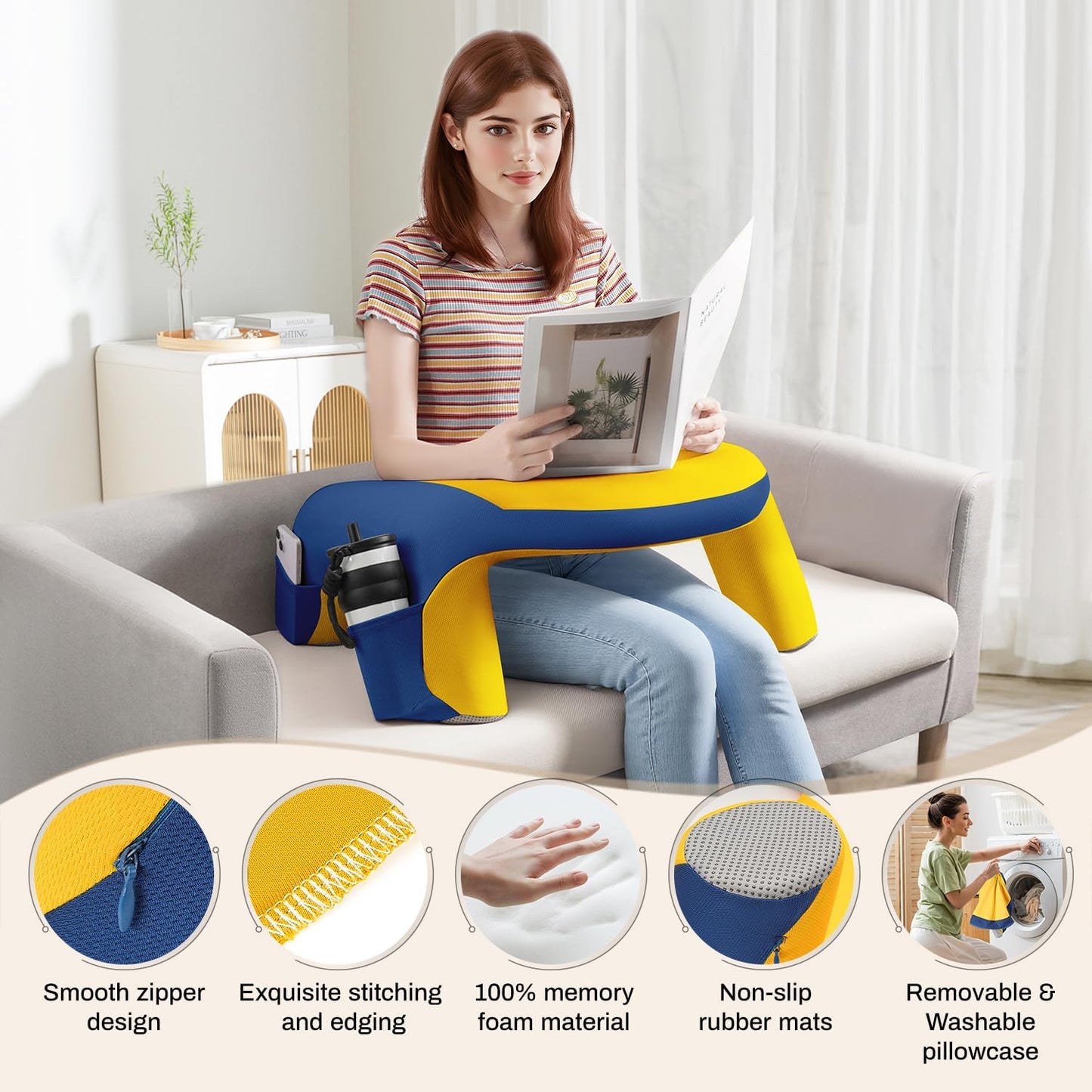 Reading Pillow, Gaming Pillow for Lap, Bed Desk for Laptop and Writing, Memory Foam Lap Desk for Reading, Working, Playing Steam Deck Switch or Sitting in Bed, Floor Sofa- Yellow