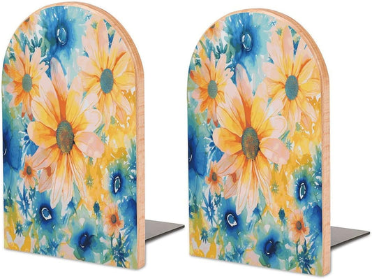 Watercolor Floral Pattern on Tie Dye Wooden Bookend Non-Slip Book Ends Heavy Duty Book Stopper with Metal Base Books Holderd Decorative Bookends Stands Firmly for Office Supplies