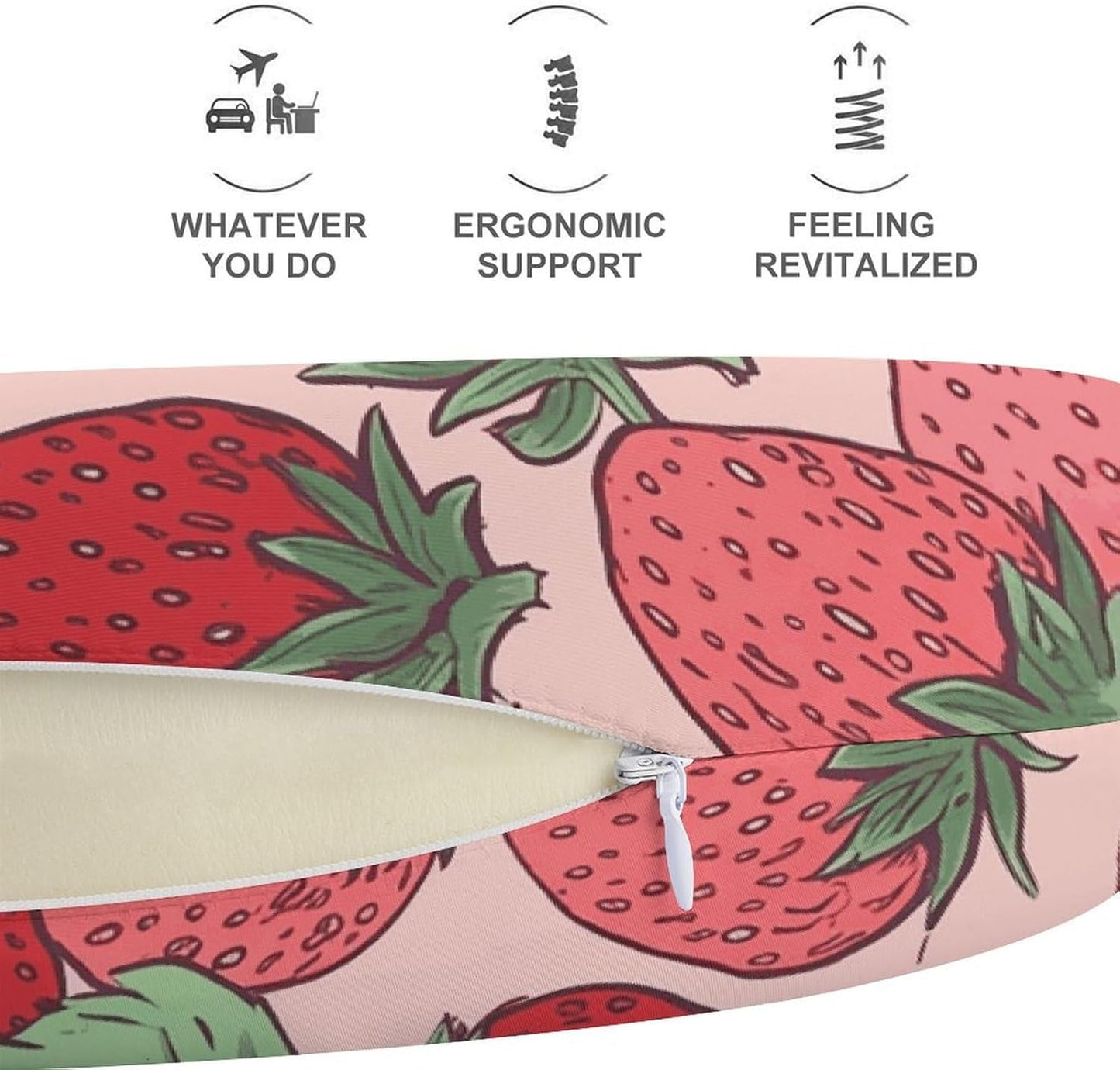 Strawberry Pattern Neck Pillow Memory Foam U Shaped Pillows Portable Pillows for Shoulder Travel Head Support Pillow with Concealed Zipper for Airplane Car Home Office
