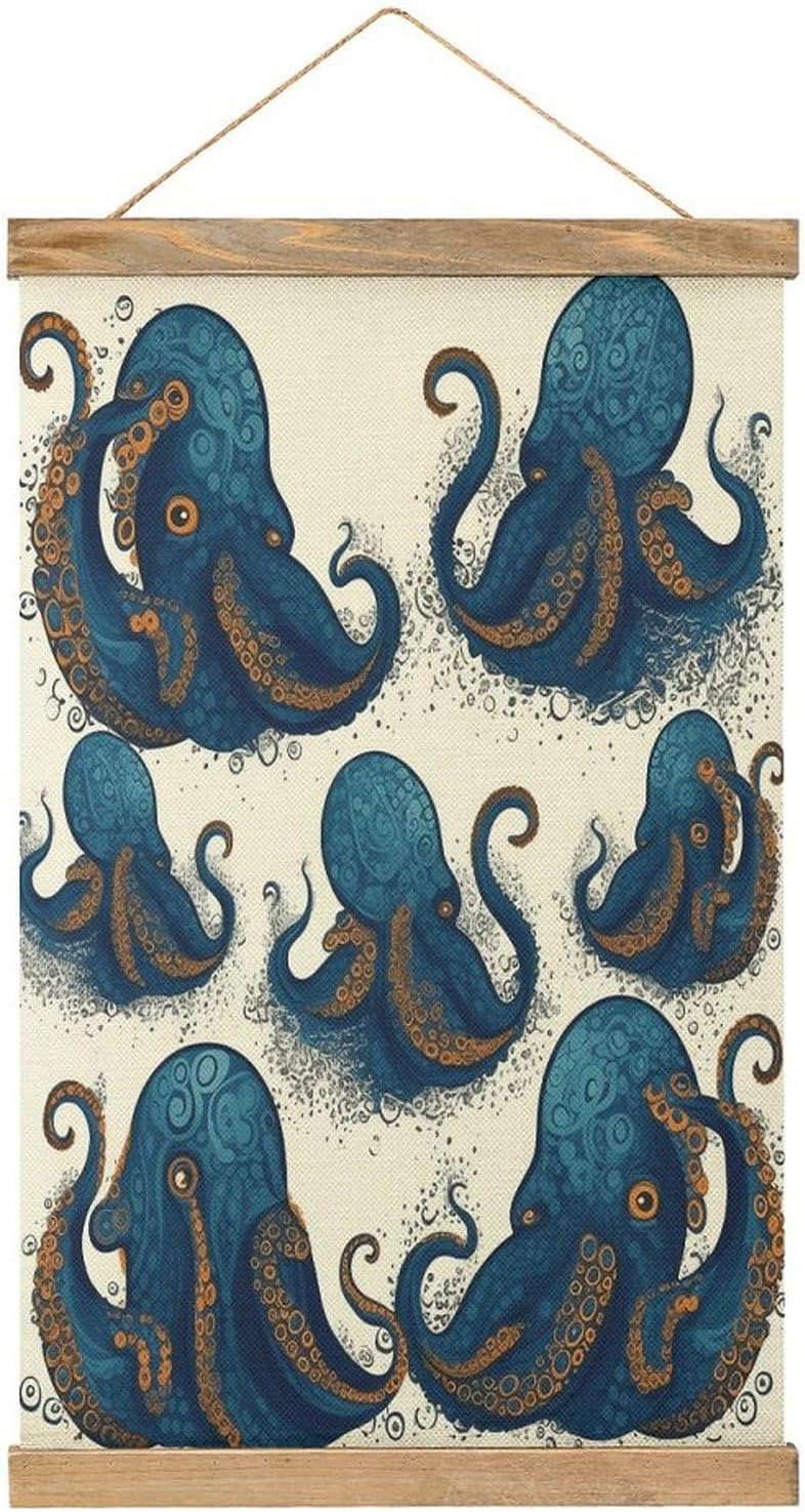 Vintage Tentacles Octopus Poster with Wooden Frame Personalized Linen Hanging Scroll Painting Rustic Wall Hanging Illustrative Modern Artwork Decor for Home Living Room Bedroom Office