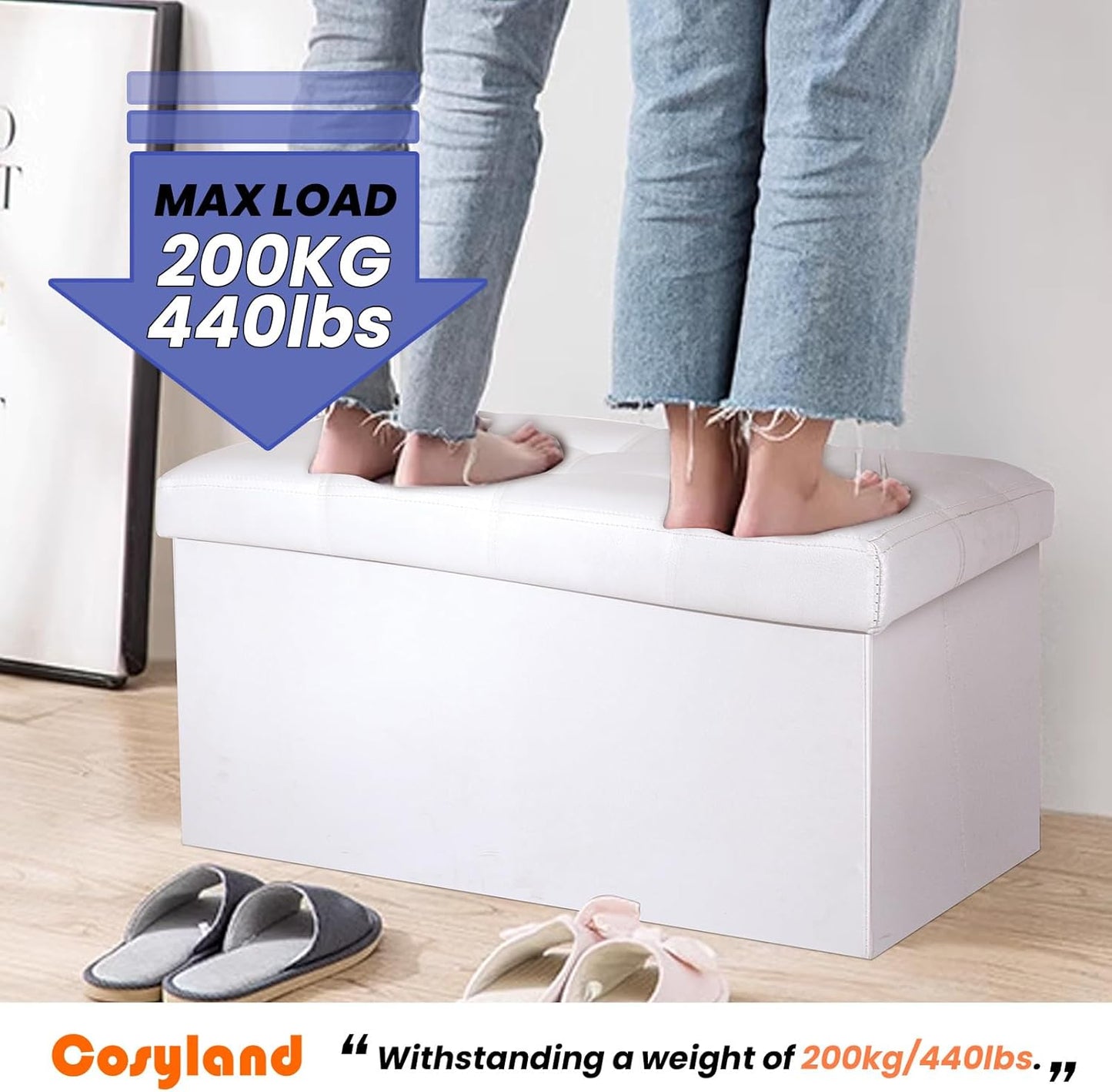 COSYLAND Ottoman Bench with Storage - 30x15x15in Folding Leather Ottoman, Rectangle Foot Stool Foldable Storage Chest Footrest Footstool Collapsible with Lid for Bedroom Living Room White