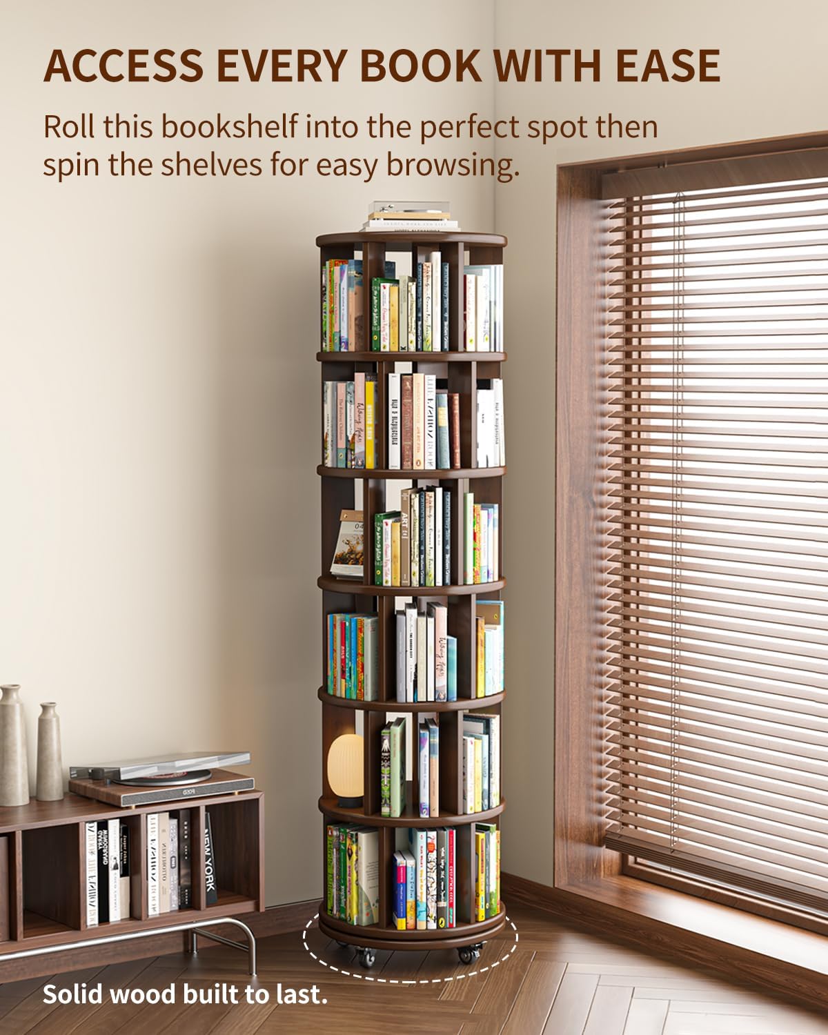 Saifu 6 Tier Wood Rotating Bookshelf on Wheels,Round Revolving Bookcase,360° Spinning Book Shelf Tower,Rolling Bookshelves for Small Space, Corner, Bedroom, Kids Room,Office, Walnut