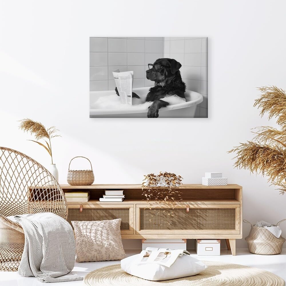 Funny Wall Art Bathroom Wall Decor Rottweiler Dog Reading Newspaper in Bubble Bath Black and White Print Canvas Wall Prints poster Retro Home Office School Library Decor Framed8x12inch