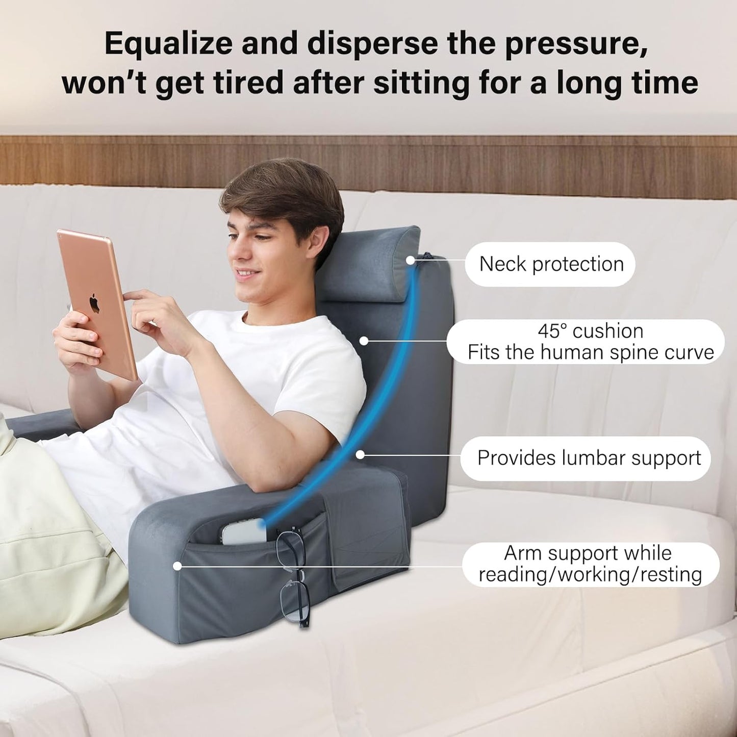 ENITYA Reading Pillow with Arms for Bed Support, 21" Large Back Support Pillow for Sitting up, Wedge Pillow for Reclining, Watching TV, Reading, Gaming, Resting in Bed, Couch or Floor, Grey