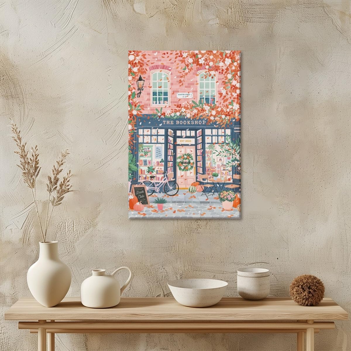 Autumn Romantic Bookshop Wall Art Pink Girly Preppy Wall Decor Aesthetic Fallen Flowers Print Cherry Dlossom library Canvas art Poster for Girl Bedroom Study Decor Unframed12x18inch