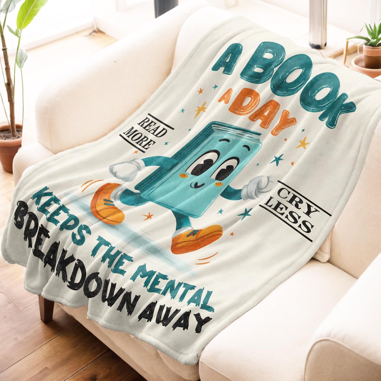 Funny Book Reading Blanket, Cartoon Quote Flannel Throw Blankets, 50"x60", Soft Warm Lightweight Fuzzy Cozy Throws for Couch Bed Sofa Decorative Gifts for Book Lover Teen Women, Beige