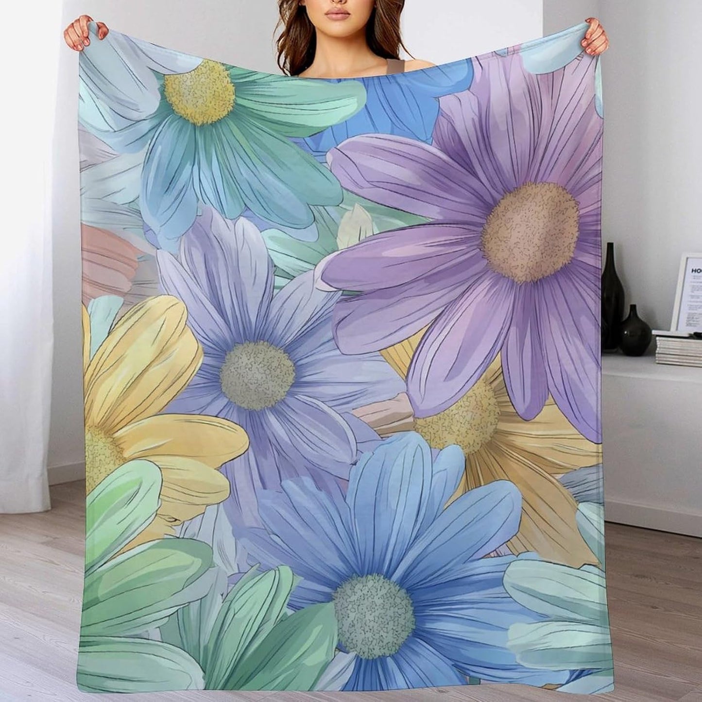 Boho Flower Throw Blanket for Couch Bed Plush Cozy Fuzzy Flannel Blanket for All Season 55"x70"