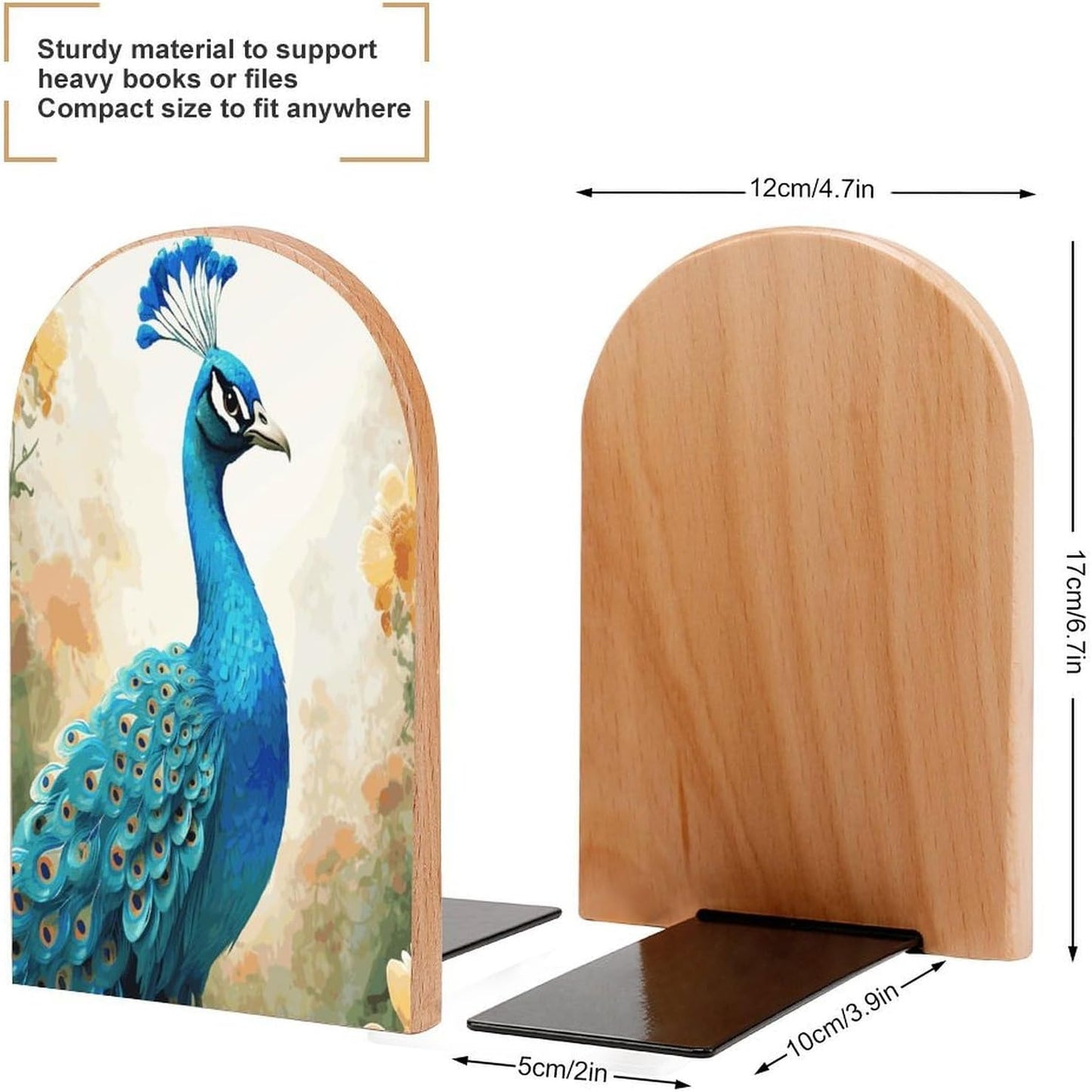 Non-Slip Bookend for Shelves Cartoon Blue Peacock Wooden Bookends with Metal Base Decorative Book Stopper for Home Heavy Duty Wood Book Storage for Books/CDs