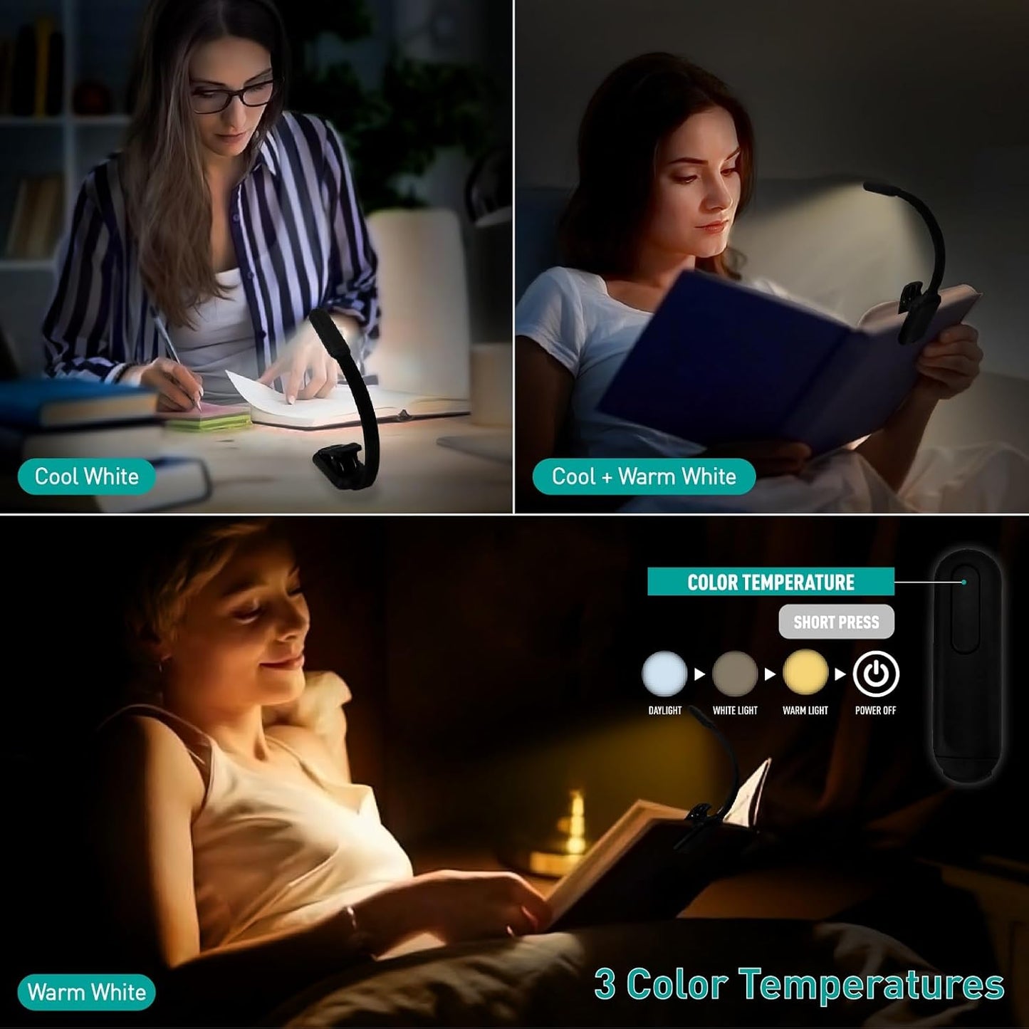Rechargeable Book Light for Reading - 9LED Eye-Caring Clip Light w/ 9 Color Temp, Stepless Dimming, 50H Battery, USB-C, Ultra Slim - Gift for Book Lovers (Black)