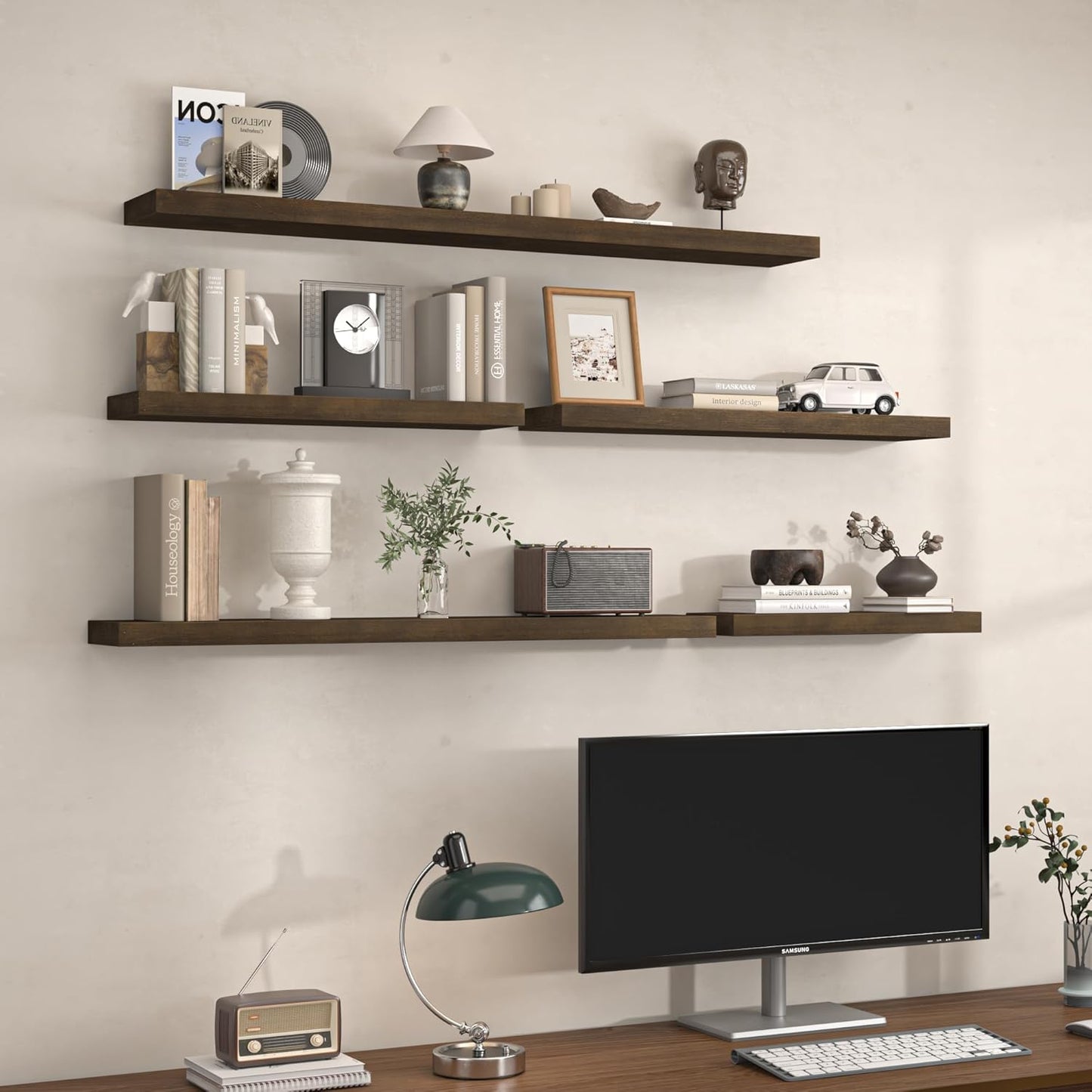 Axeman Natural Wood Floating Shelves for Wall Mounted 24 Inch Rustic Farmhouse Wall Shelves for Bathroom Bedroom Kitchen Living Room Decor Distressed Wooden Shelf|Set of 2, Vintage Gray