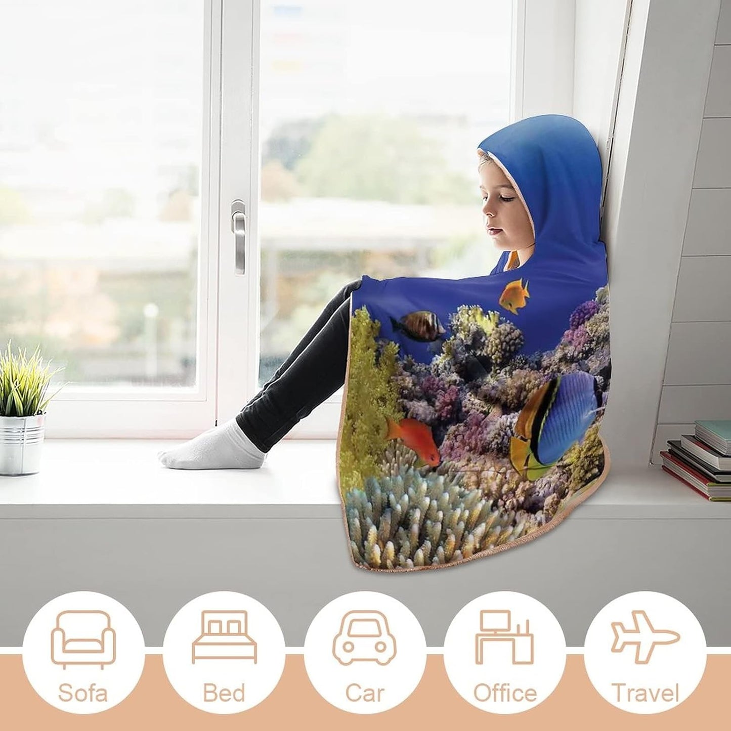 Throw Blankets, Ocean Wearable Hooded Blanket for Adults, Wild Sea Life Colorful Ancient Coral Reefs Exotic, Soft Warm Cozy, 40 x 50inches, Studying Reading Snuggling Napping Office