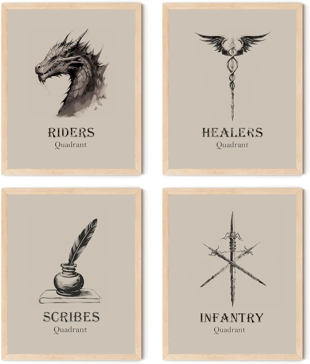 TwoDays Fantasy Dragon Wing Bookish Merch Room Decor - War College Four Quadrants Inspired Wall Art Prints for Fans Gifts, Romantasy Book Merchandise Posters (8" X 10", Set of 4, UNFRAMED)