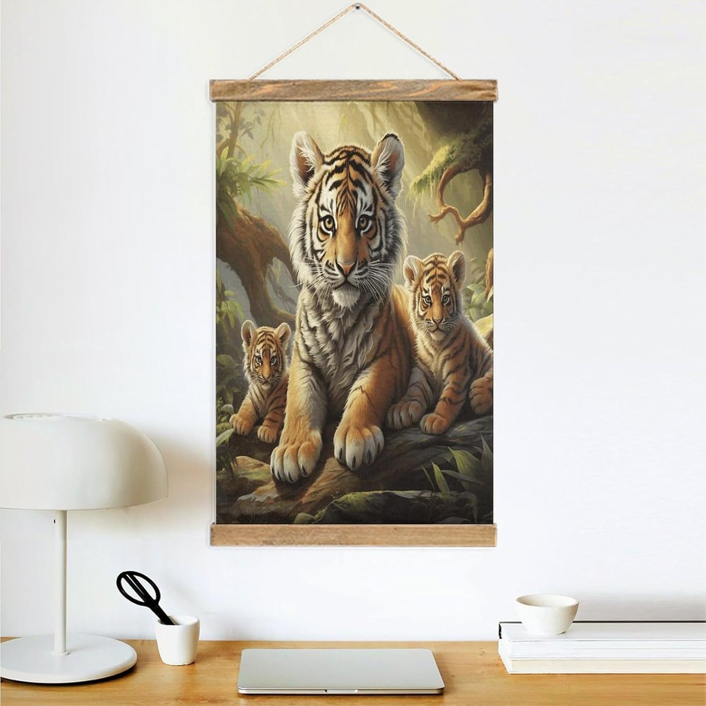 Vintage Jungle Tigers Cub Poster with Wooden Frame Personalized Linen Hanging Scroll Painting Rustic Wall Hanging Illustrative Modern Artwork Decor for Home Living Room Bedroom Office