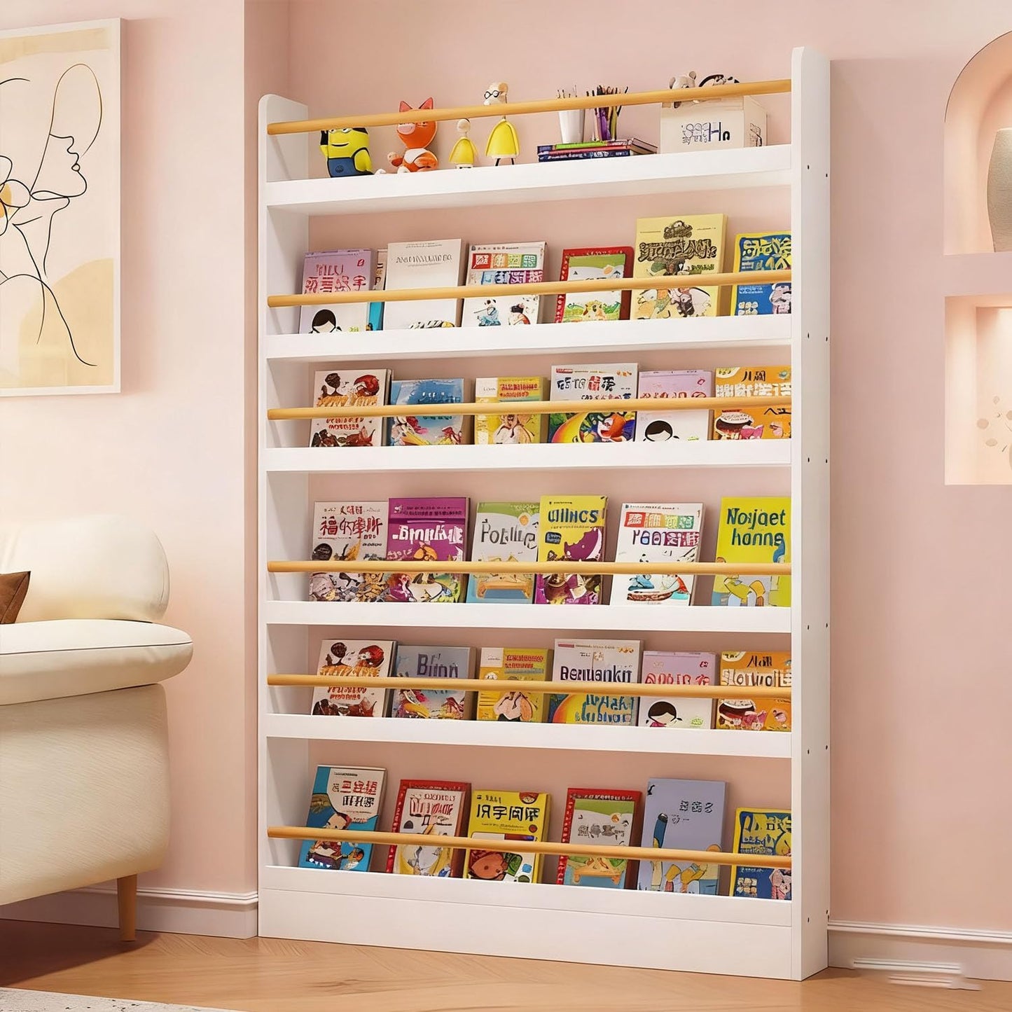 Behind The Door Bookshelf 6-Tier Wooden Behind The Door Storage Cabinet Wall Mount Shelf Easy to Install for Bedroom Kid Room Living Room Library（White）
