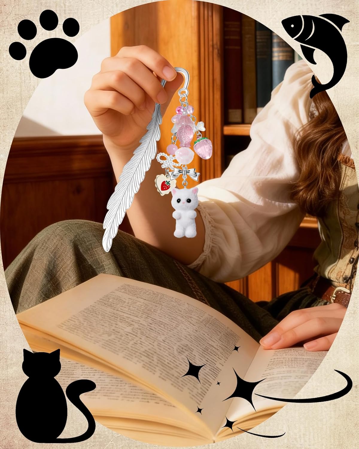 Buleens 2 Pack Bookmarks for Women Reading - Book Marks for Readers Book Lovers, Cute Cat Pink Grey Personalized Metal Bookmark with Pendants, Pretty and Aesthetic Book Accessories Reading Gifts