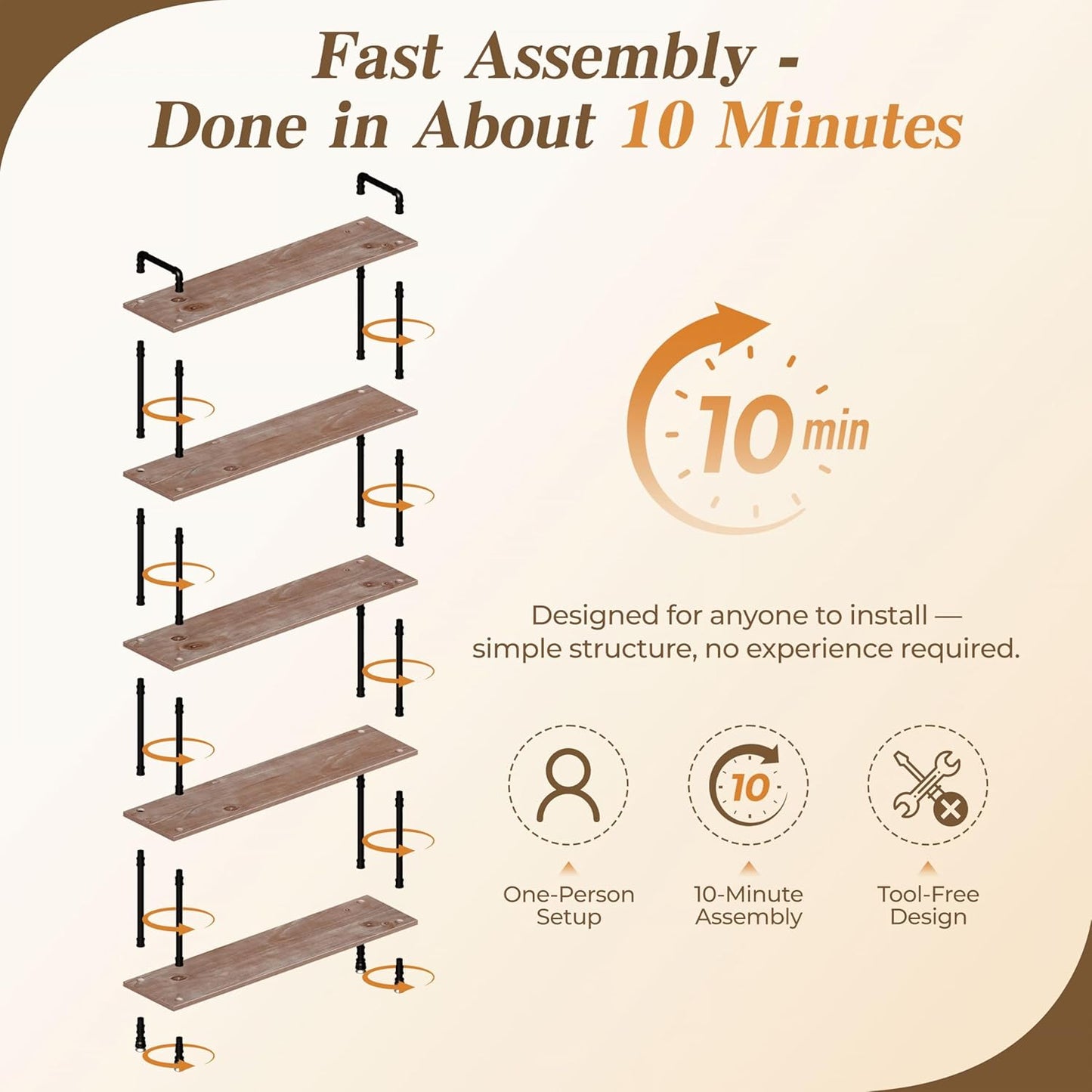 Industrial Bookshelf, 5-Tier Pipe Shelf, Wall Mounted Bookcase for Home and Office (Weathered Brown, 48" L x 11.8" W x 70" H)