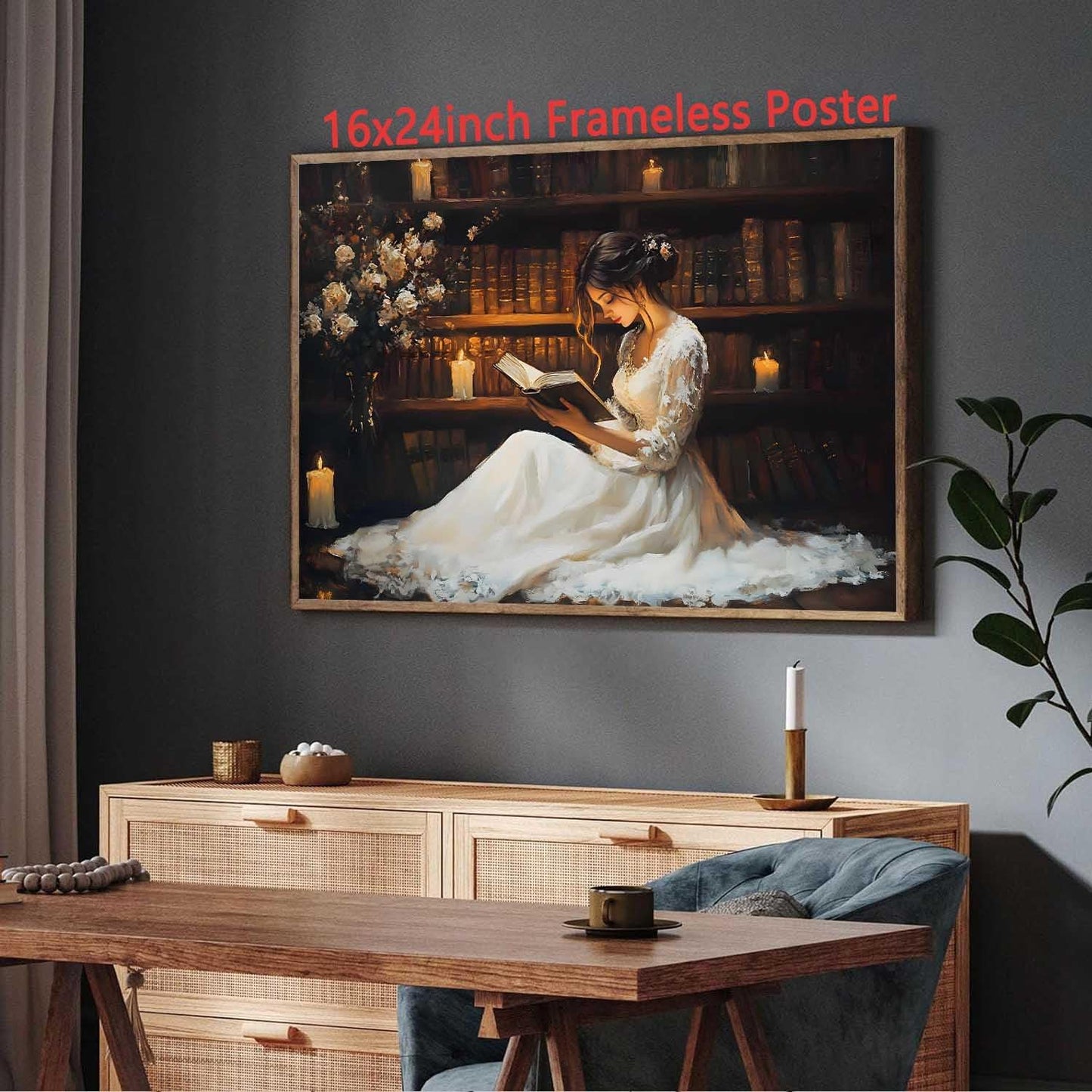 Frameless Poster16x24in Medieval Castle Vintage Moody Library Wall Art Victorian Girl Woman Reading Painting Book Lover Pictures Bookshelf Painting Dark Academia Library Prints Vintage Book Posters