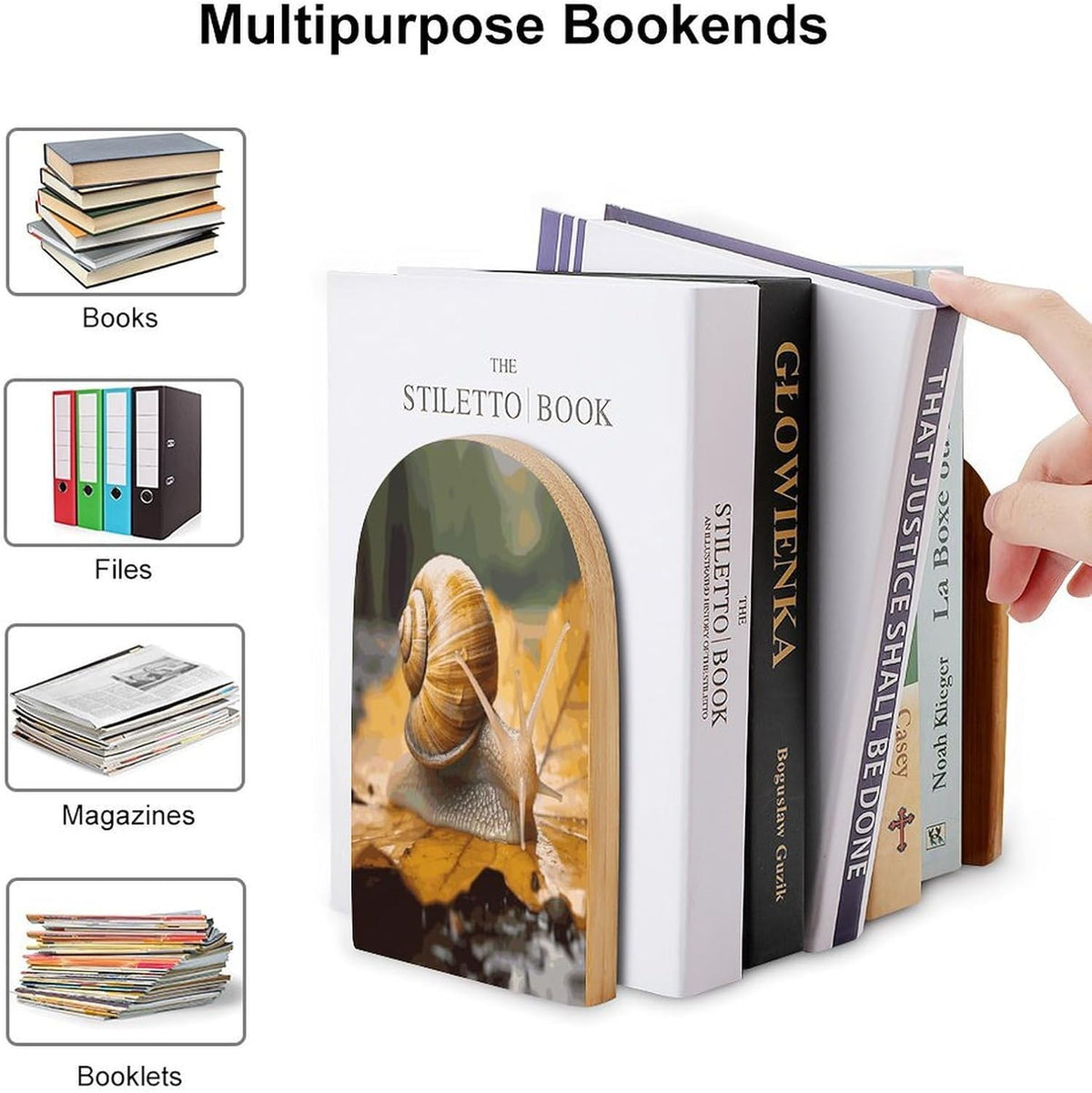 Snail in Leaves Wooden Bookend Non-Slip Book Ends Heavy Duty Book Stopper with Metal Base Books Holderd Decorative Bookends Stands Firmly for Office Supplies