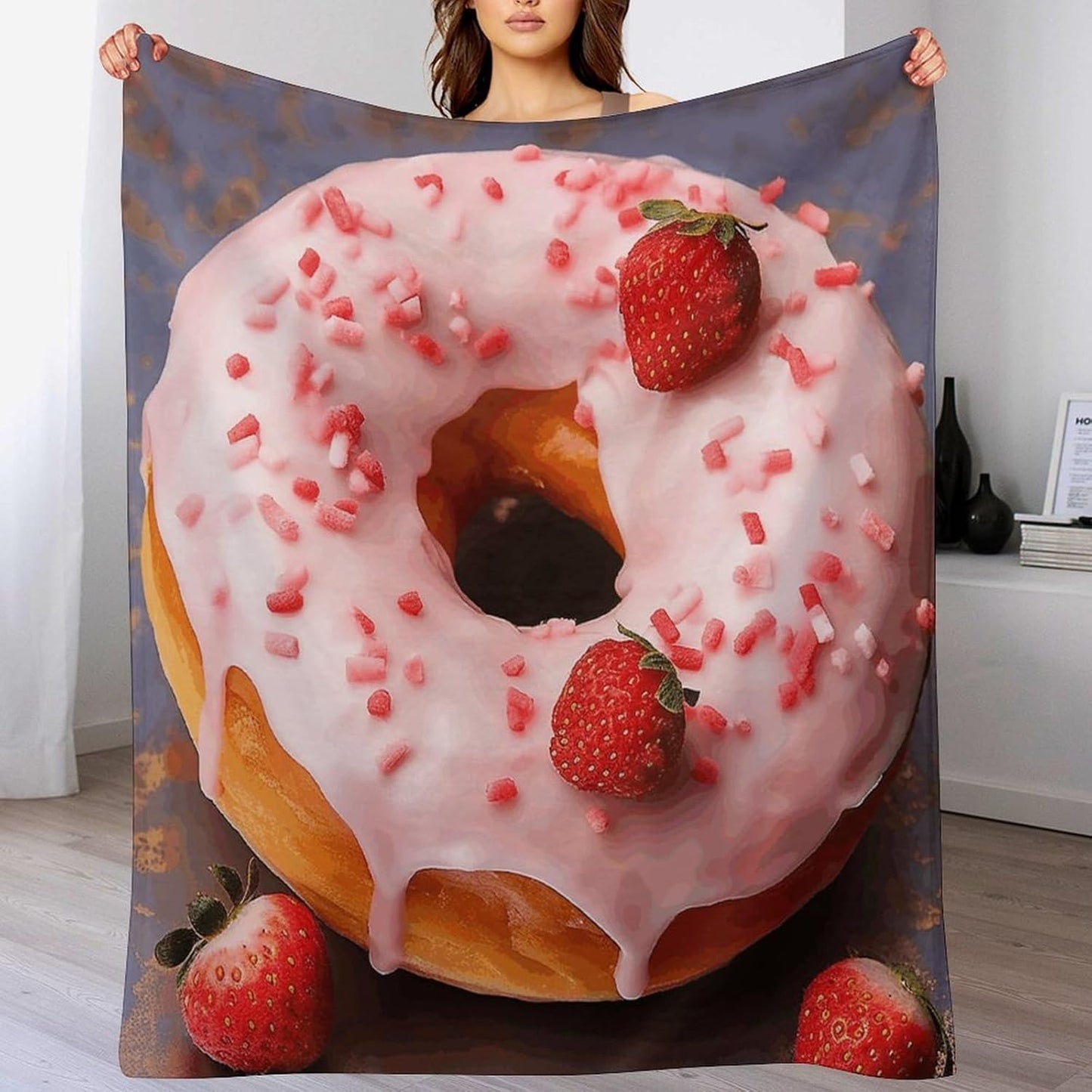 Strawberry Donut Throw Blanket for Couch Super Soft Warm Lightweight Throw Blankets Cozy Flannel Bed Blanket Cute Decorative Blankets for All Seasons Home Decor Gift 60"*80"（150 * 200cm）