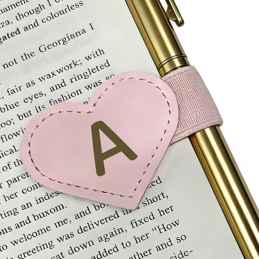 MOTEERLLU Magnetic Leather Bookmark with Pen Holder,Custom Heart-Shaped Bookmarks with Initial for Reading Women,Men,Teachers,Book Lovers Gifts(Pink A)