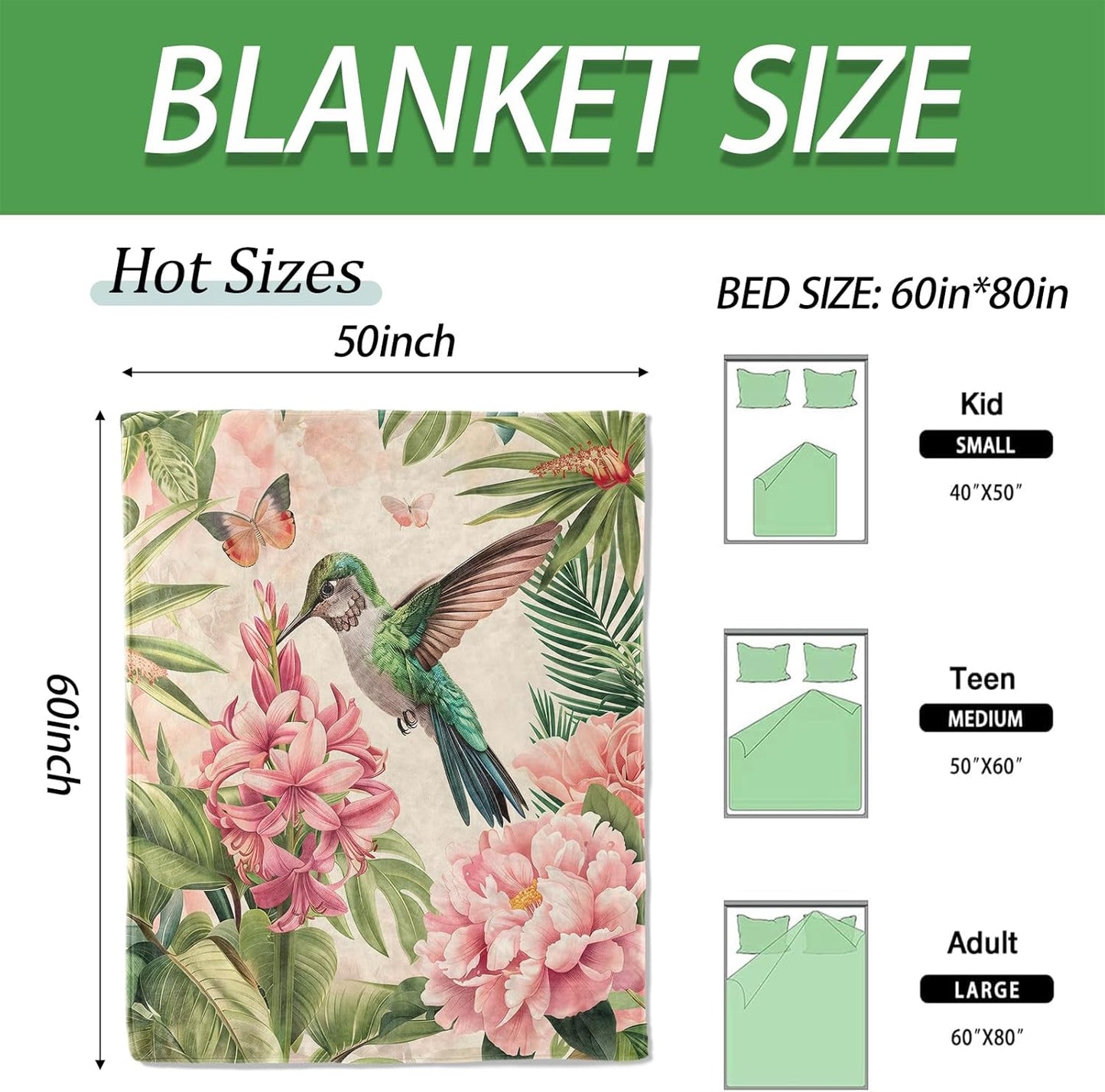 Floral Hummingbird Throw Blanket, Warm Flannel Blankets Tropical Garden with Flower Butterfly and Leaf, Nature Decor and Gifts, Soft Cozy Throws, 50"X60" for Bedroom Couch Travel Office