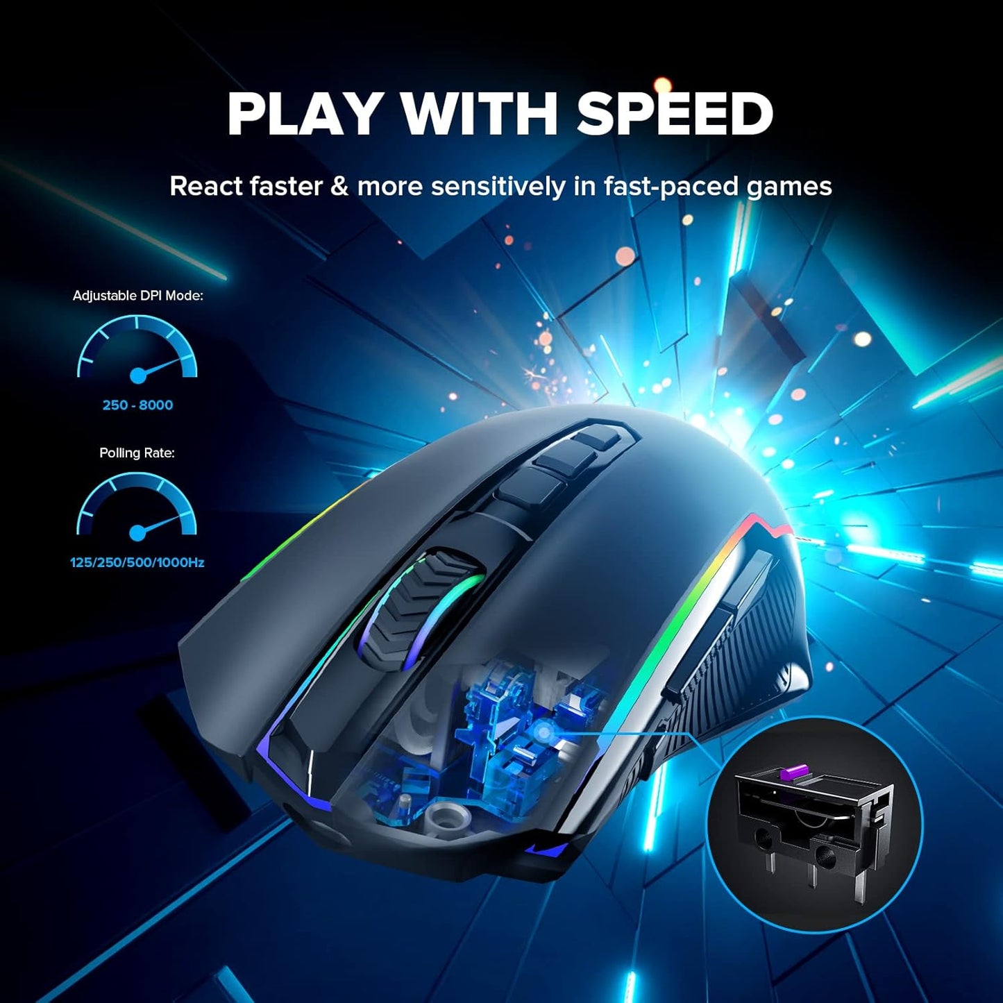 Redragon Gaming Mouse, Wireless Mouse Gaming with 8000 DPI, PC Gaming Mice with Fire Button, RGB Backlit Programmable Ergonomic Mouse Gamer, Rechargeable, 70Hrs for Windows, Mac Gamer, Black