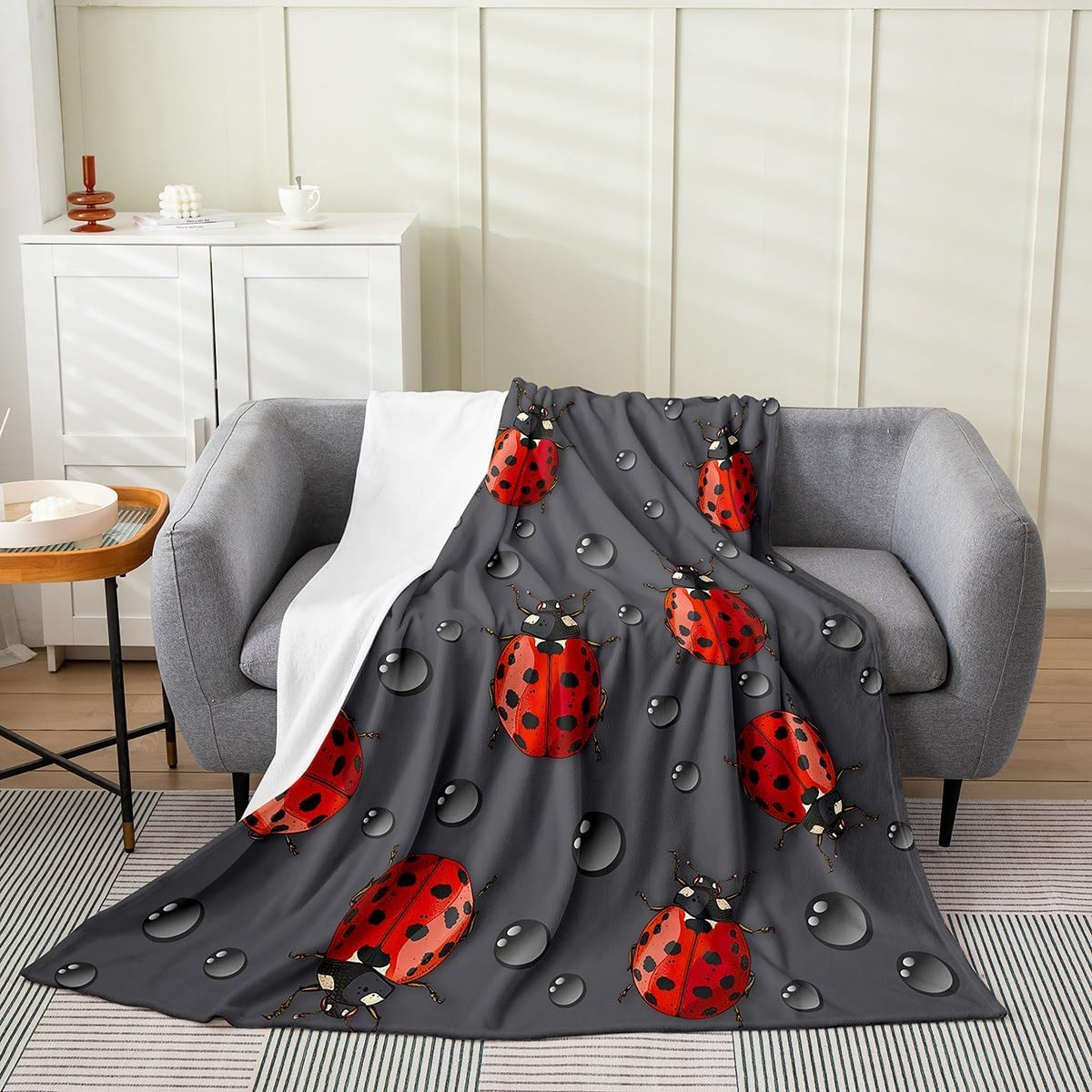 Erosebridal Red Ladybug Blanket, Cartoon Ladybugs Throw Blanket Throw 50x60, Cute Ladybird Reptile Fleece Blanket, Lady Beetle Raindrop Fuzzy Blanket for Kids Boys Girls Bedroom Living Room, Grey