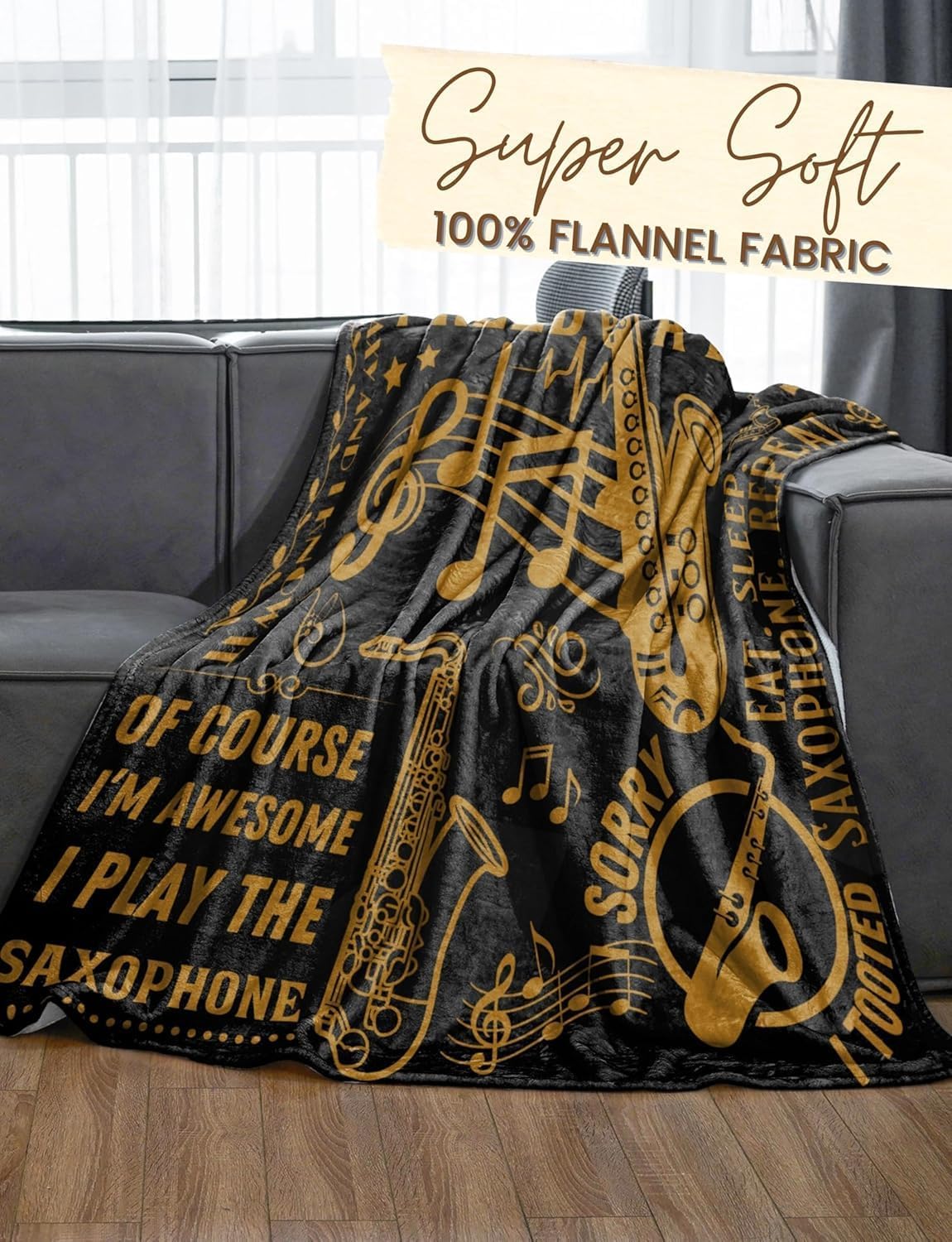 Saxophone Gifts, Bed Flannel Plush Throw Blankets, Jazz Gifts for Jazz Lovers on Birthday, Christmas, 50"x 65"