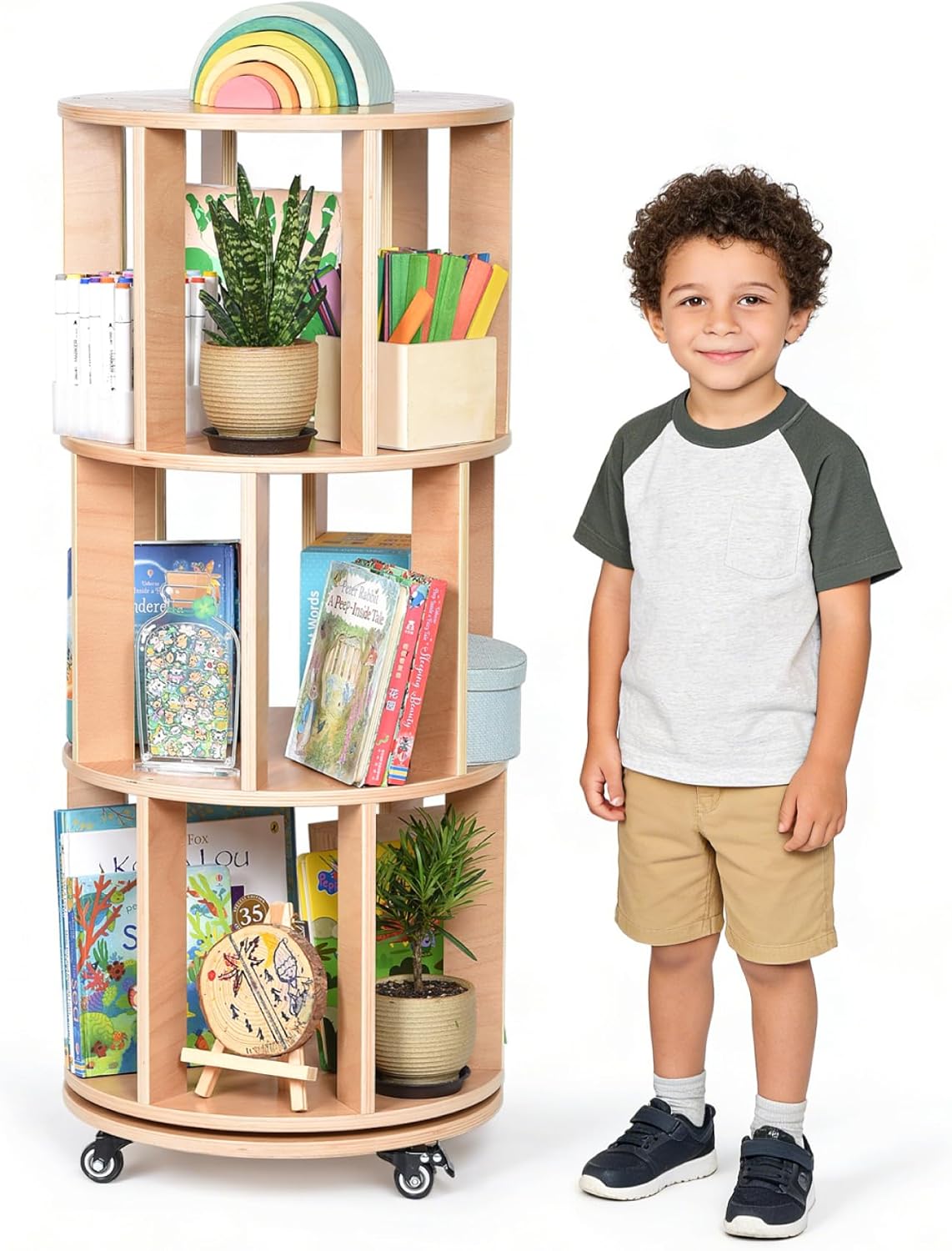 3-Tier Kids Rotating Bookshelf Tower with Lockable Wheels, 360 Display Montessori Storage Rack for Small Spaces, Kids Rooms, and Home Offices
