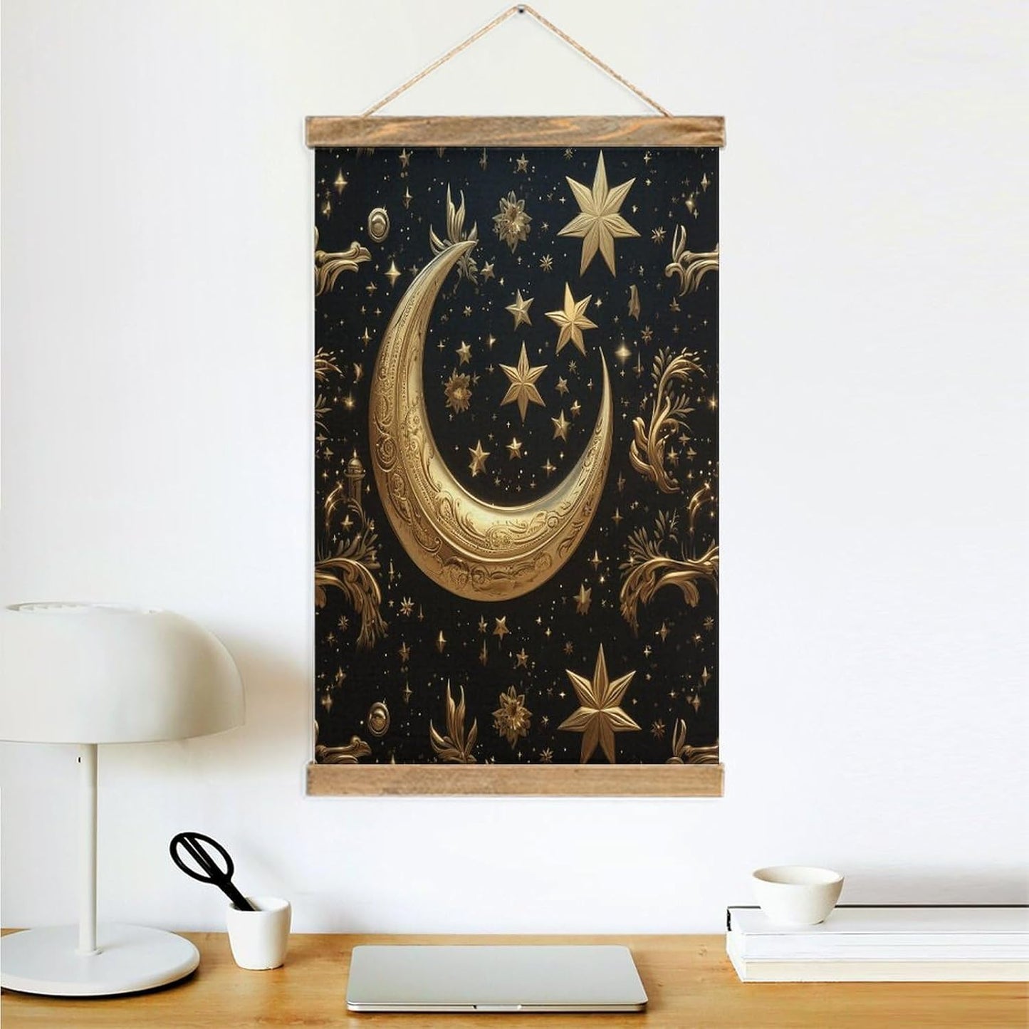 Vintage Golden Stars And Moon Poster with Wooden Frame Personalized Linen Hanging Scroll Painting Rustic Wall Hanging Illustrative Modern Artwork Decor for Home Living Room Bedroom Office