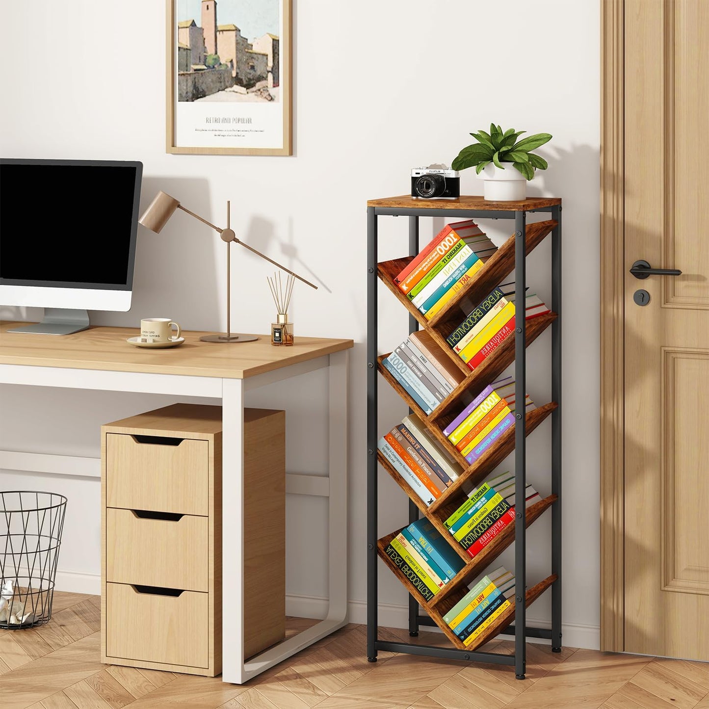 IBUYKE 9 Tier Tree Bookshelf, Floor Standing Wood Bookshelf for Narrow Space, Storage Organizer Bookcase for Books/CDs/Movies, Small Corner Bookcase for Bedroom Living Room,Rustic Brown,TBC002H